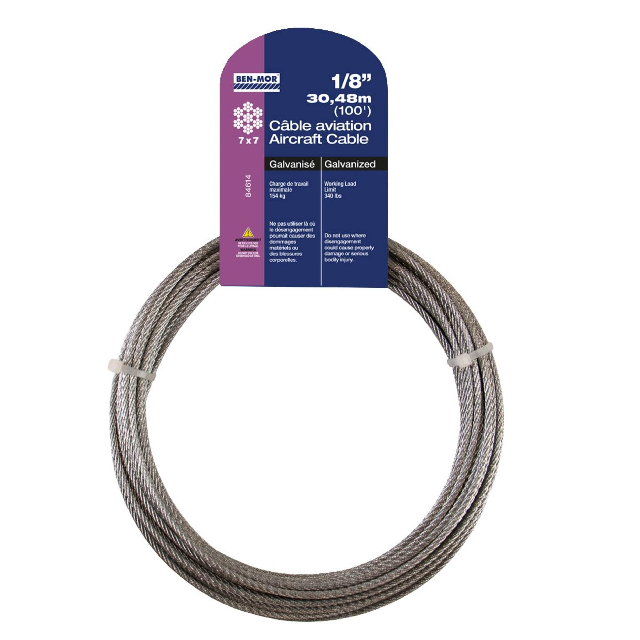 Ben-Mor Galvanized Steel Aircraft Cable, 7 x 7 Construction, 1/8-in x 100-ft Front_Flat
