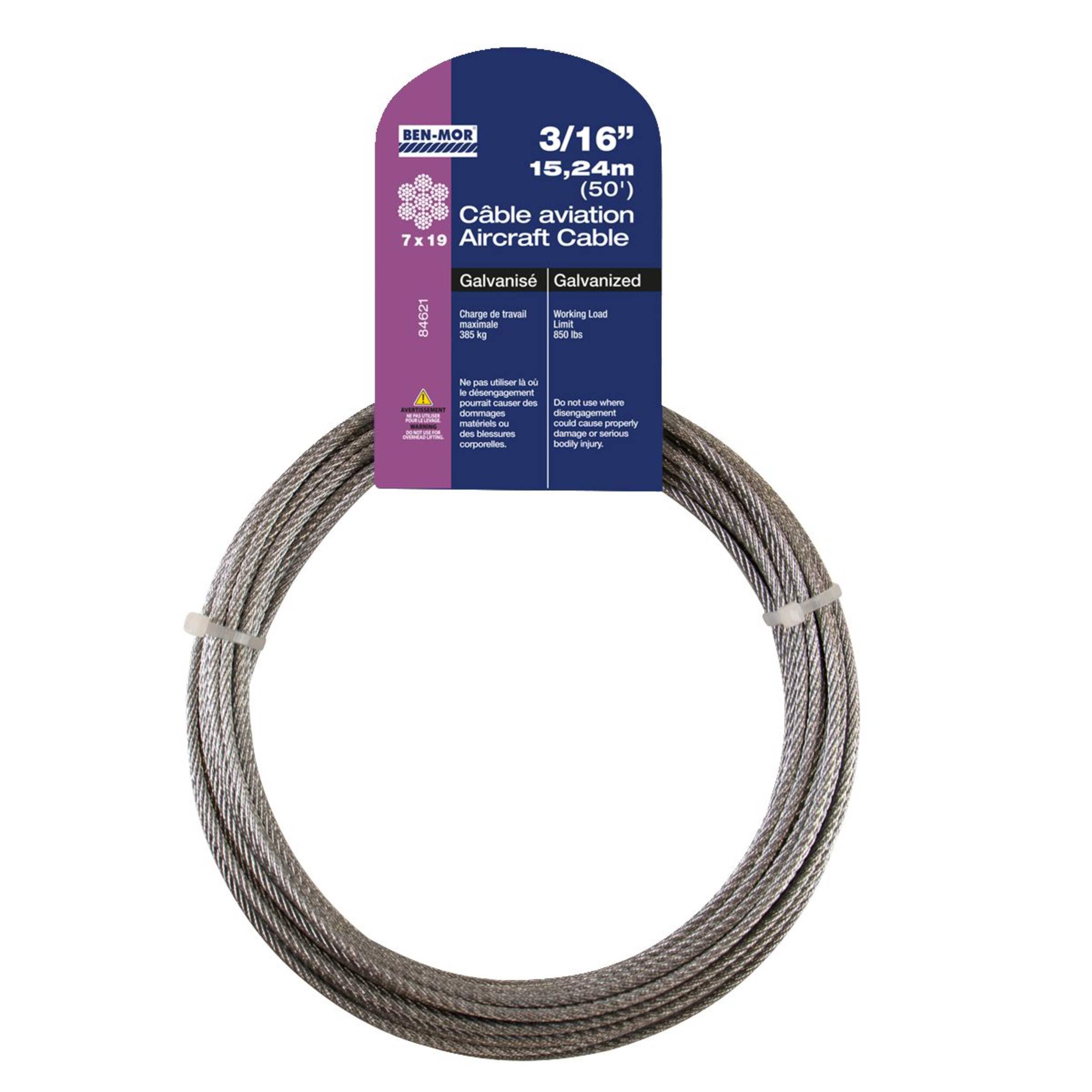 Ben-Mor Galvanized Steel Aircraft Cable, 7 x 19 Construction, 3/16-in x 50-ft Front_Flat