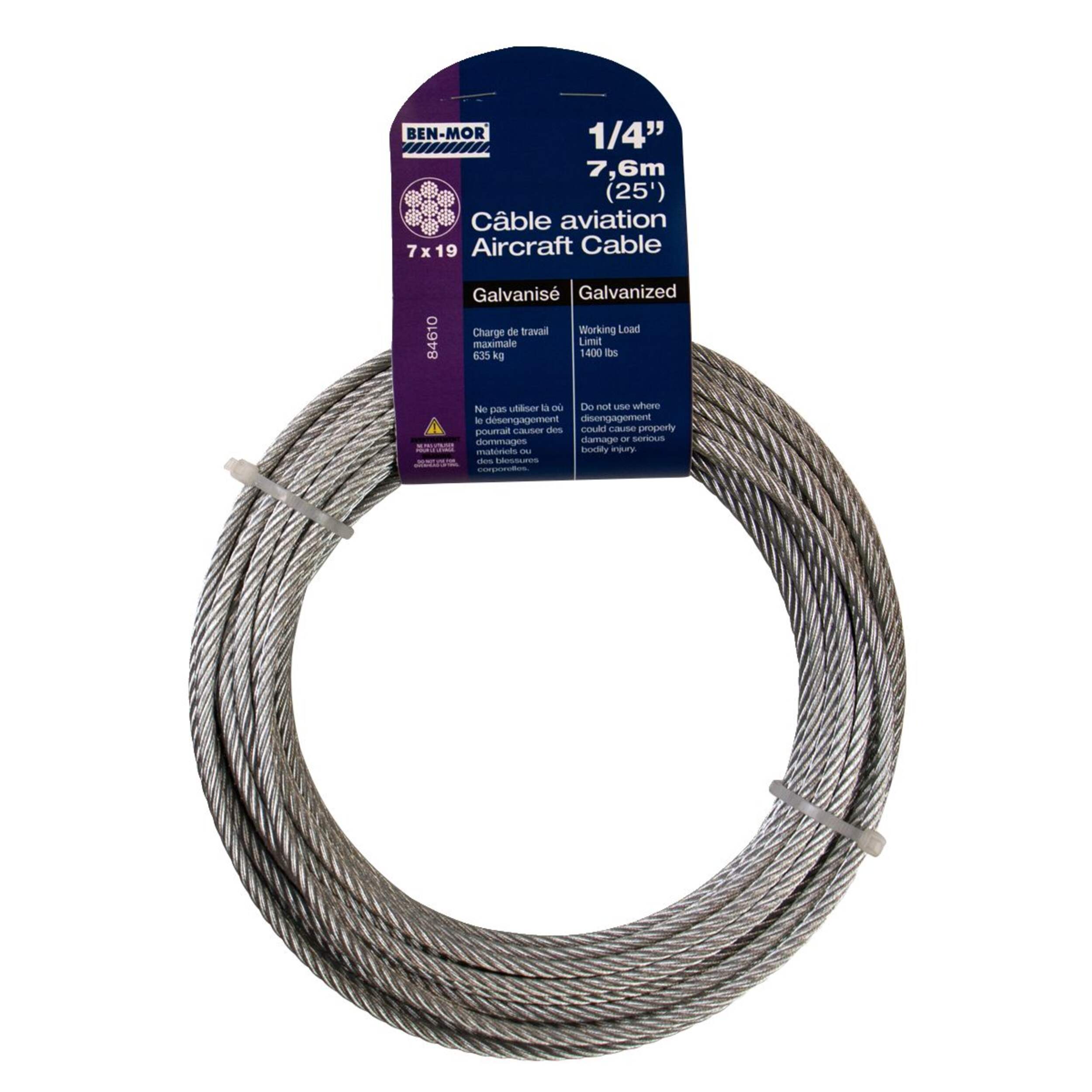 Ben-Mor Galvanized Steel Aircraft Cable, 7 x 19 Construction, 1/4-in x 25-ft Front_Flat