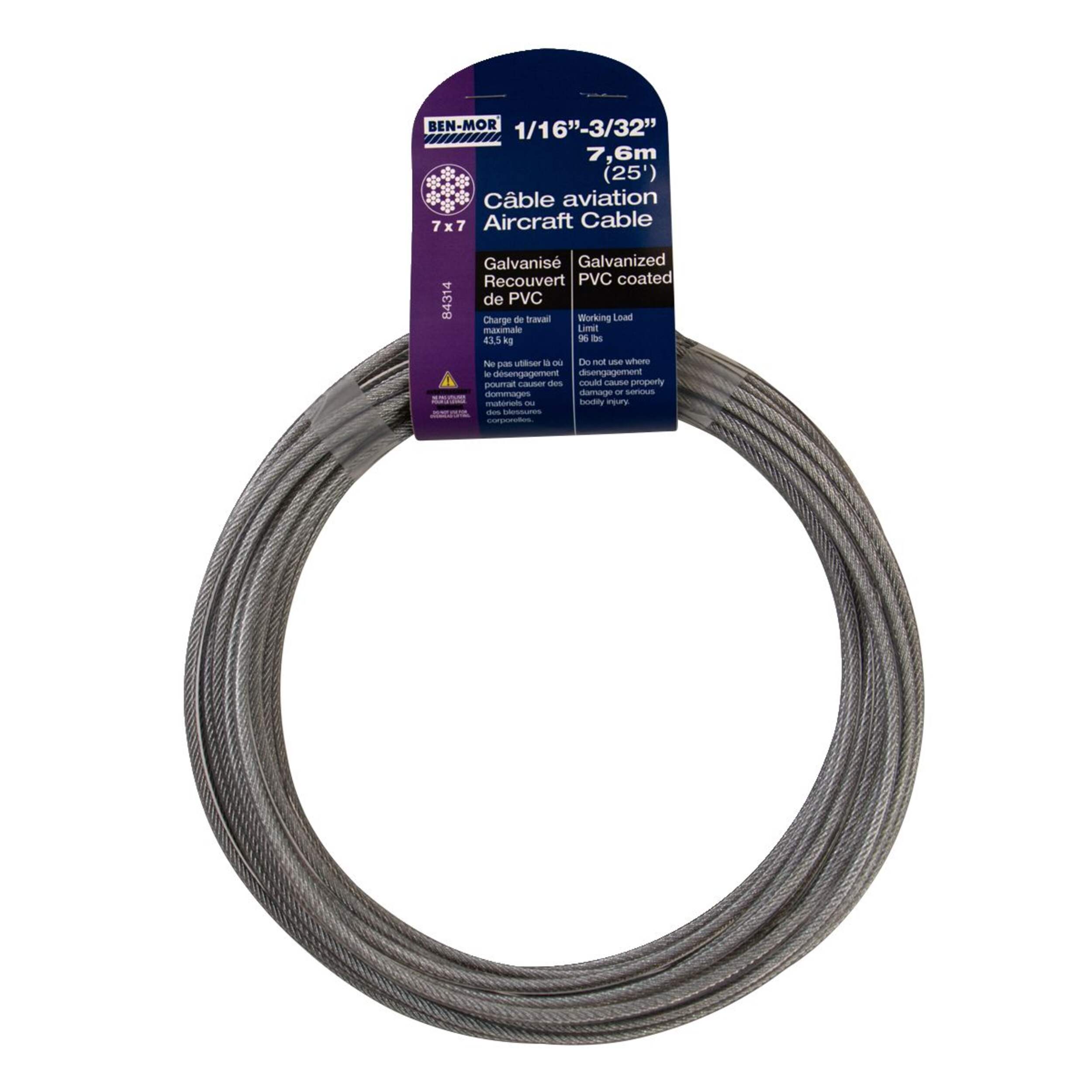 Ben-Mor PVC Coated Galvanized Steel Aircraft Cable, 7 x 7 Construction, 1/16-in to 3/32-in x 25-ft Front_Flat