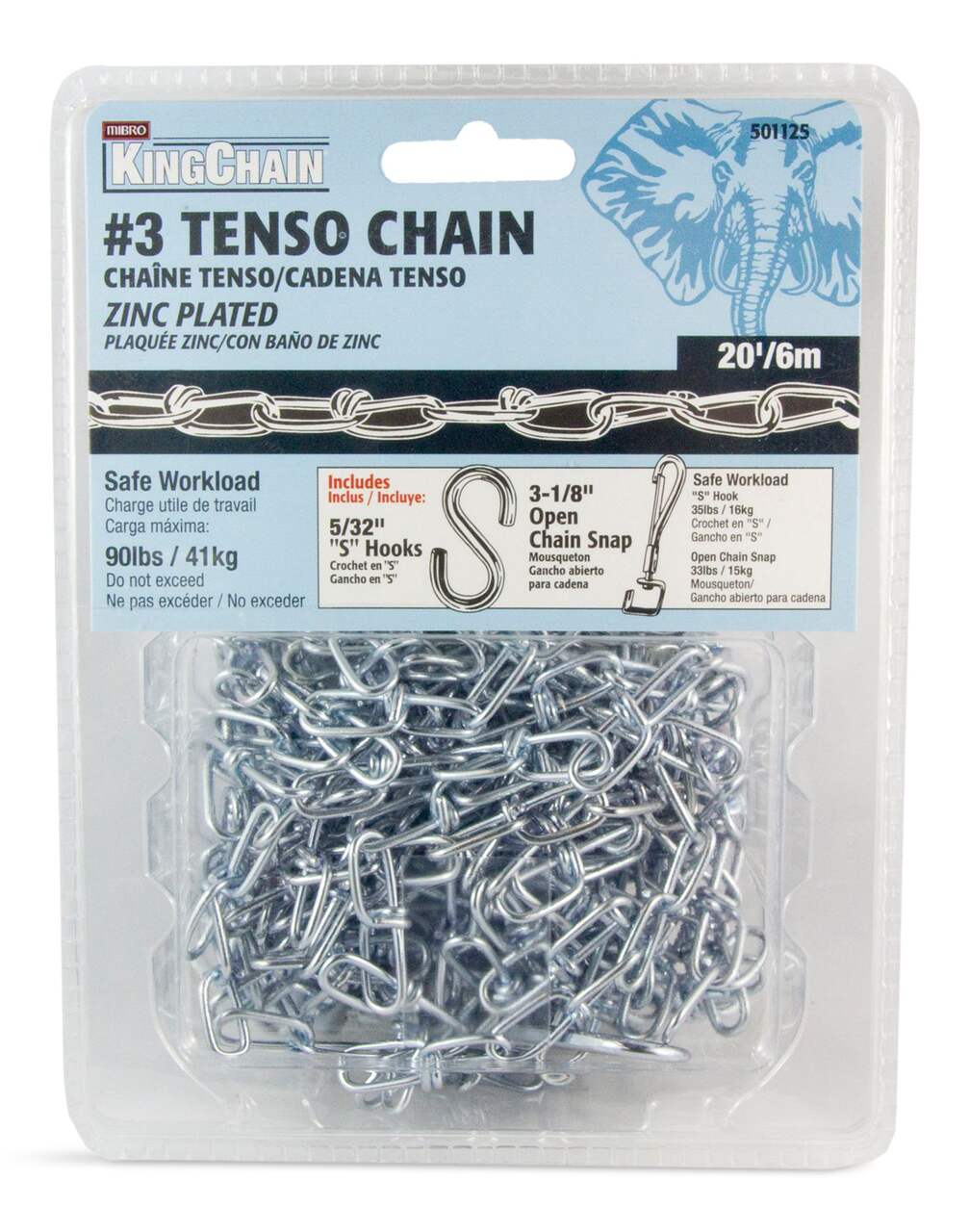 Ben-Mor Double Loop Chain, Multi-Purpose, Carbon Steel and Zinc-Plated, #3,  20-ft