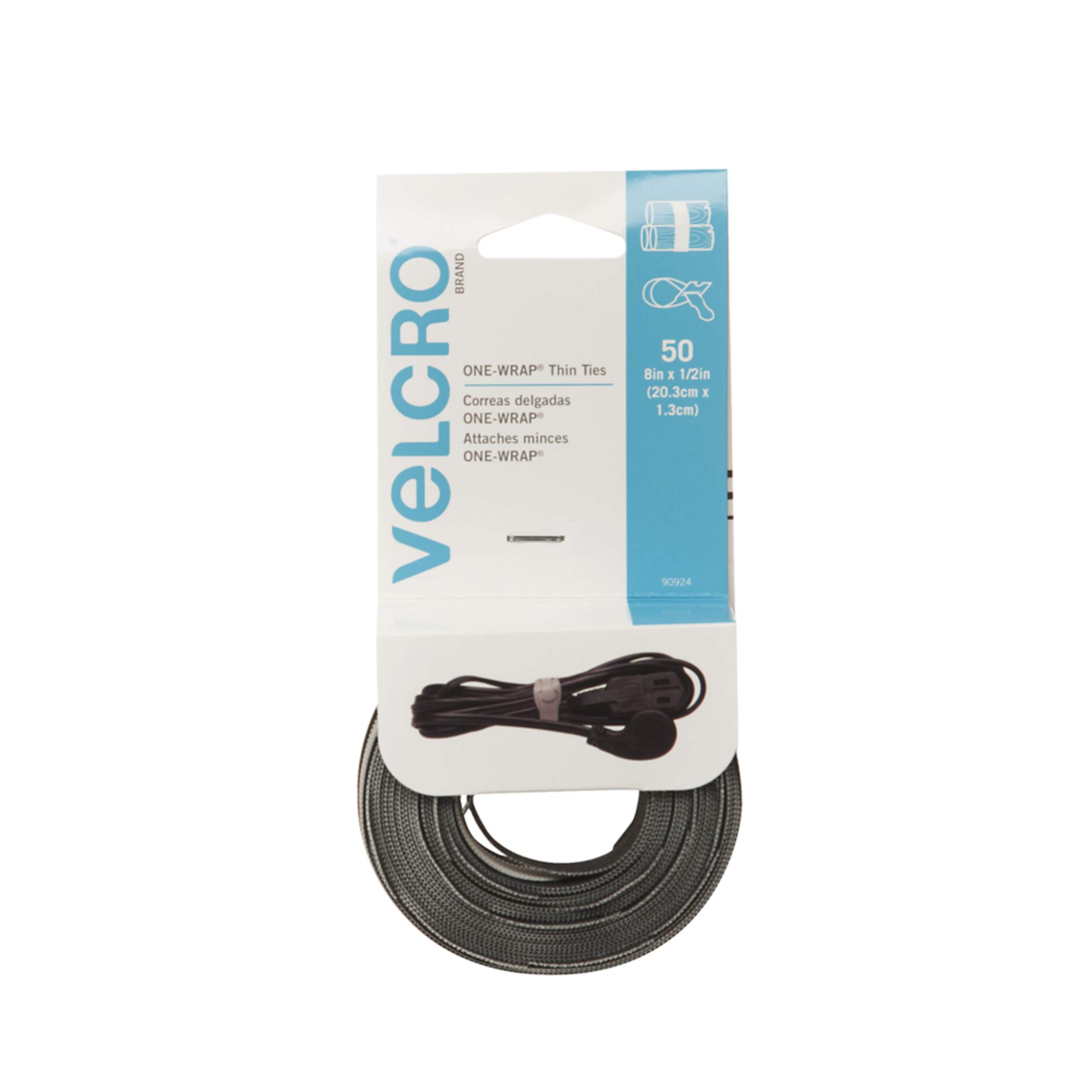 Velcro Reusable Thin Nylon Cable & Wire Ties, Black/Grey, 8 x 1/2-in, 50-pk Front_Flat
