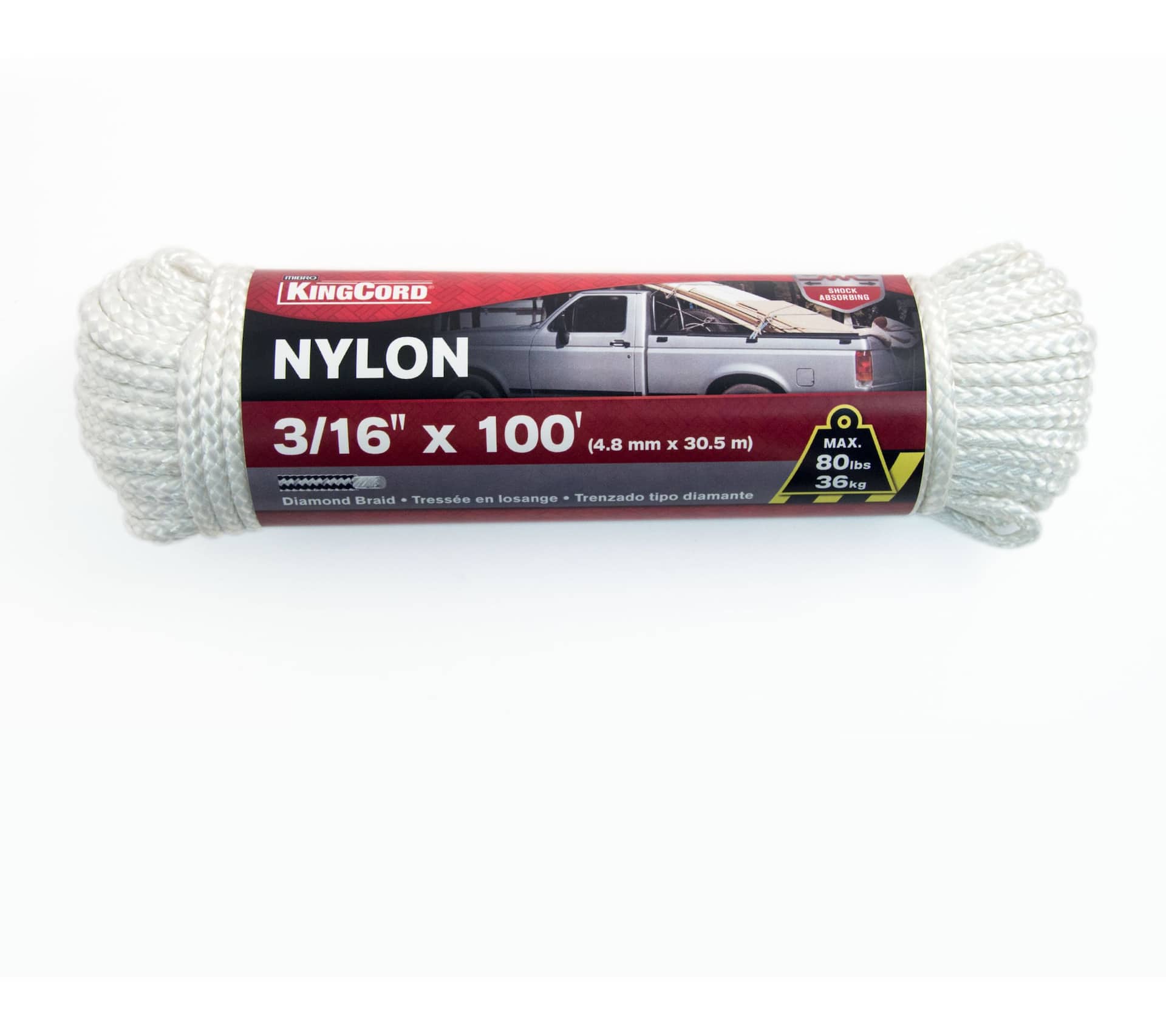 Ben-Mor Nylon Diamond Braided Rope, Abrasion Resistance, SWL-135-lbs,  White, 3/8-in x 50-ft
