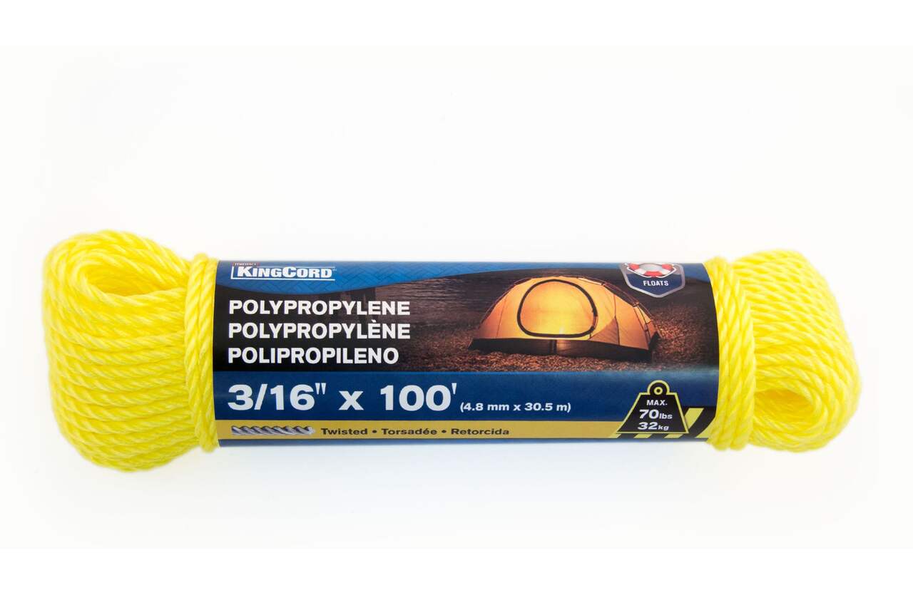 Corde torsadée en polypropylène KingCord, résistante à l'eau, jaune, 3/16  po x 100 pi