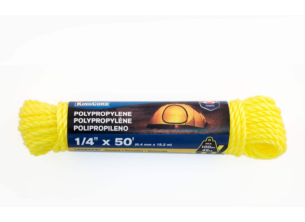 KingCord Polypropylene Waterproof Twisted Rope, Yellow, 1/4-in x