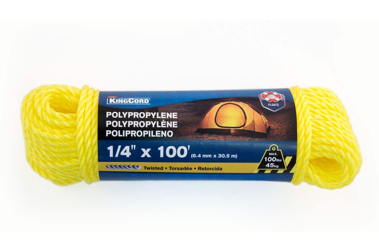KingCord Polypropylene Twisted Rope, Yellow, 100-ft