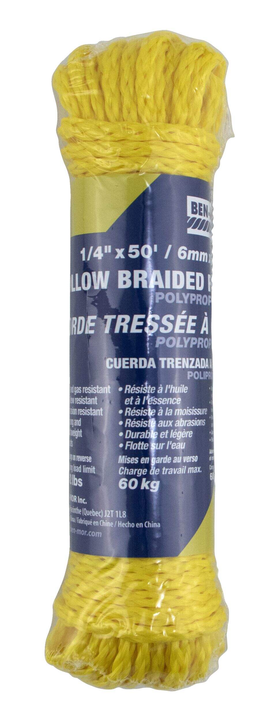Corde tressée creuse en polypropylène Ben-Mor, étanche, 1/4 po x 50 pi Front_Flat