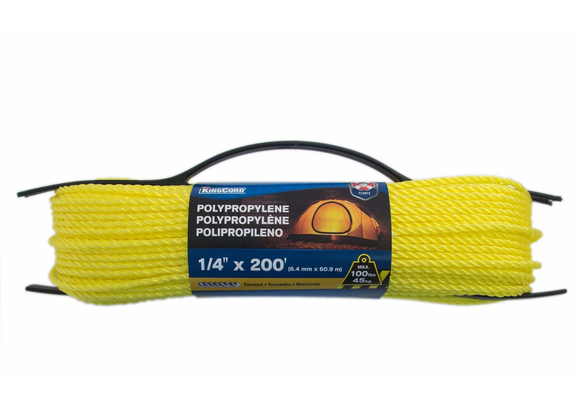 KingCord Polypropylene Twisted Rope, Waterproof, Yellow, 3/16-in x