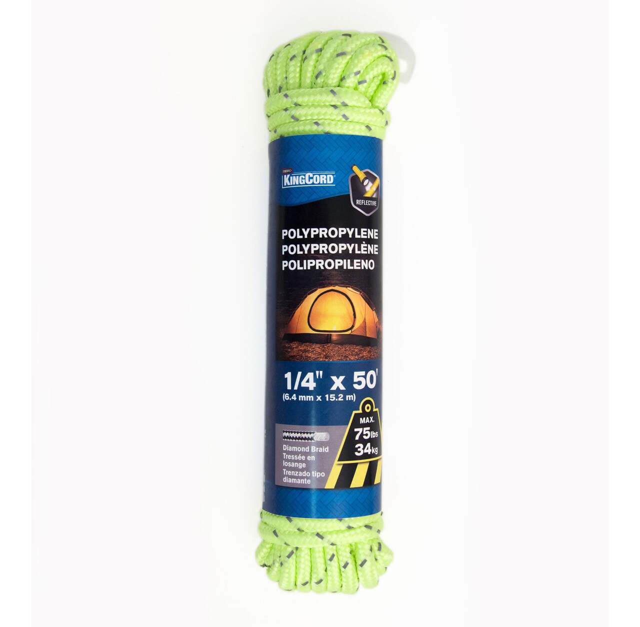 Reflective Rope, Fluorescent Green,1/4-in x 50-ft