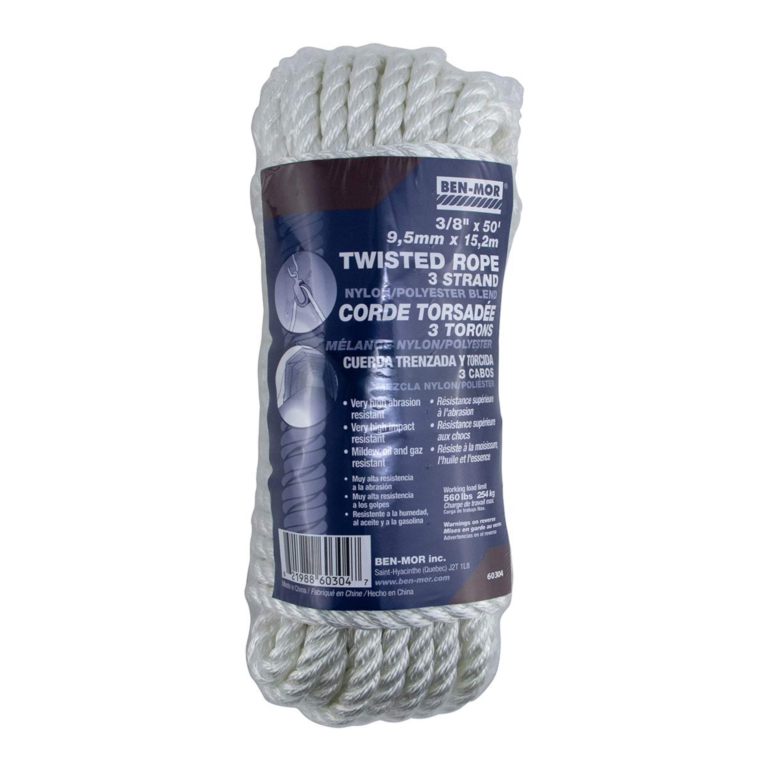 Ben-Mor Nylon Twisted Rope, Abrasion Resistance, Strong and Flexible, 3/8-in x 50-ft Front_Flat