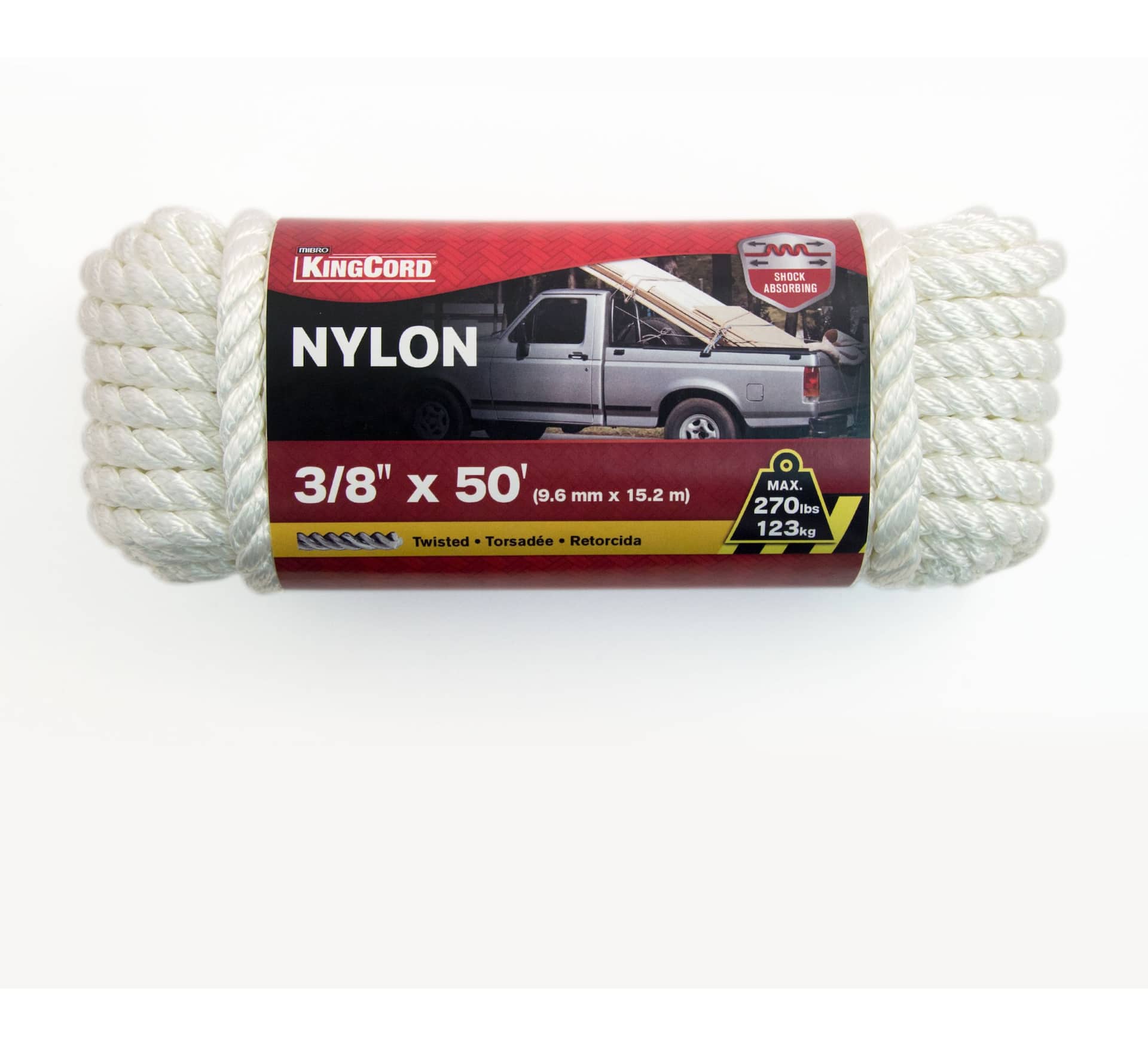 KingCord Nylon Twisted Rope, Abrasion Resistance, Strong and Flexible,  3/8-in x 50-ft
