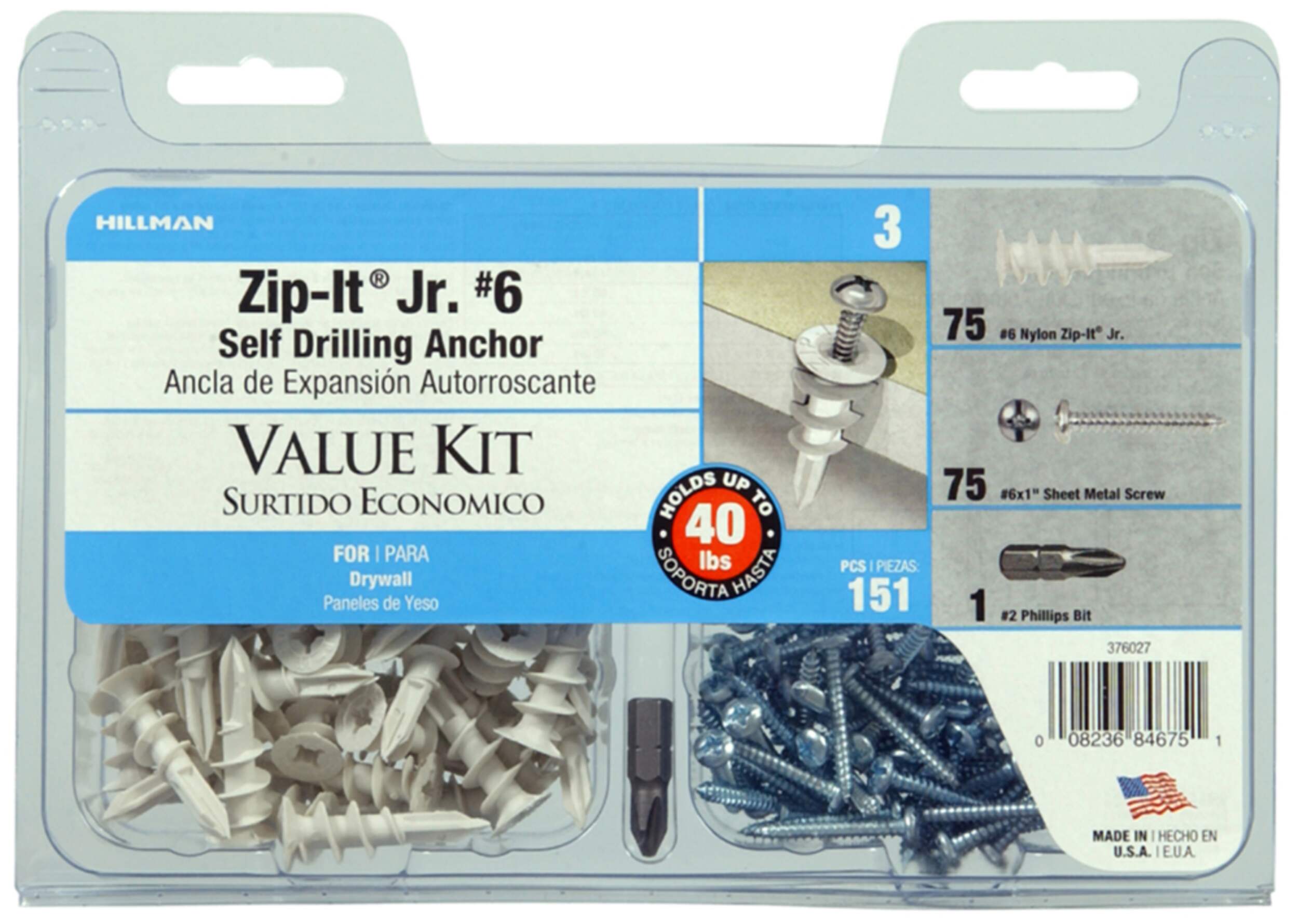 Hillman Zip-It Jr. #6 Value Kit, Self-Drilling, 151-pk Front_Flat