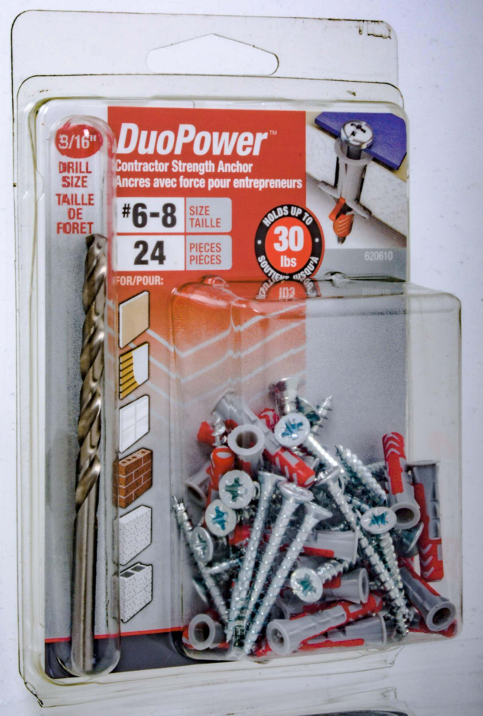 Hillman DuoPower #6-8 Contractor-Strength Anchor Kit, 1-in, 24-pk Front_Angled_Right