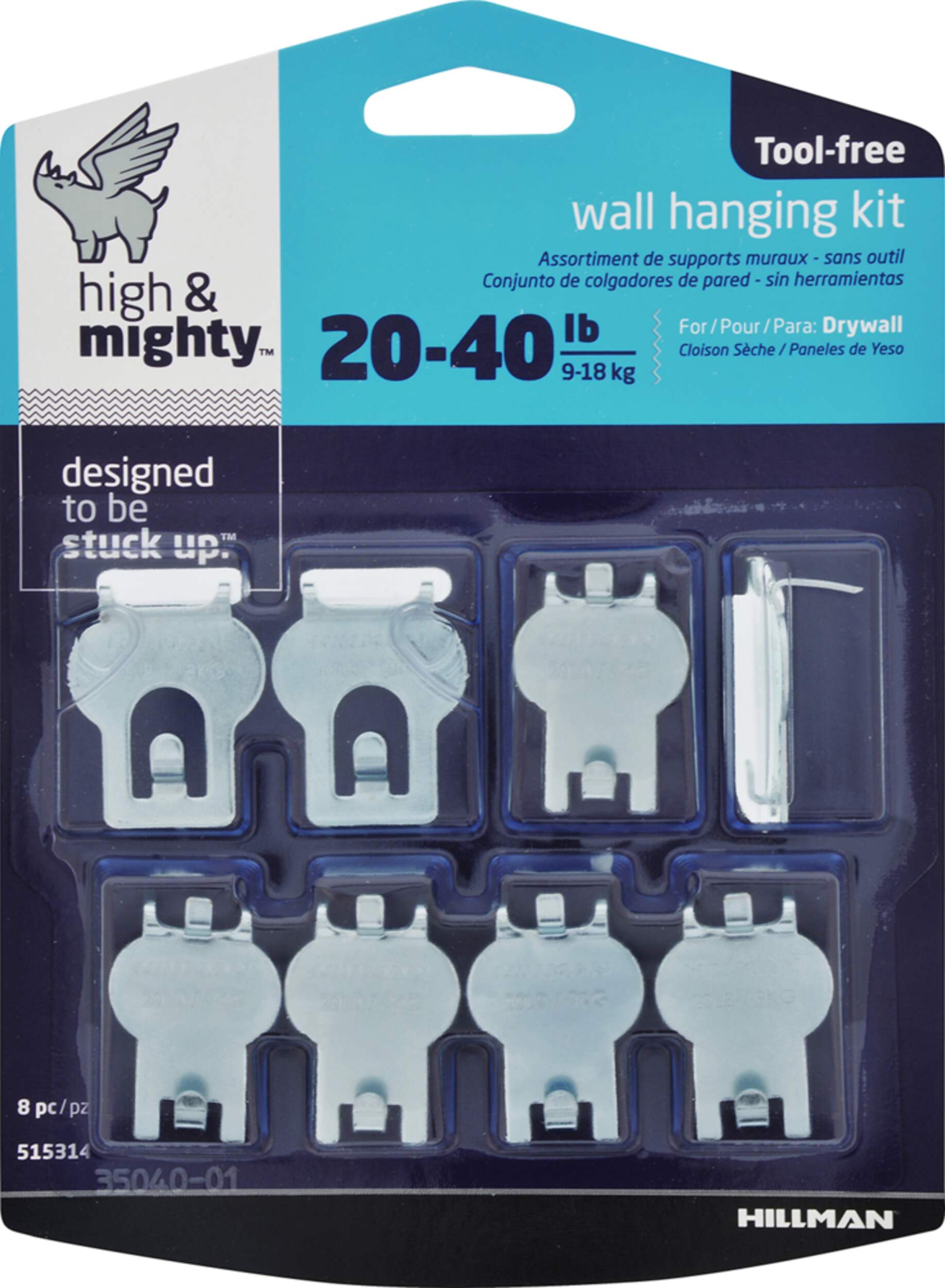 High & Mighty DrywAll Hanger, For Hanging Frames, No Tools Required, 40-lb Capacity, Silver, 8-pk Front_Flat