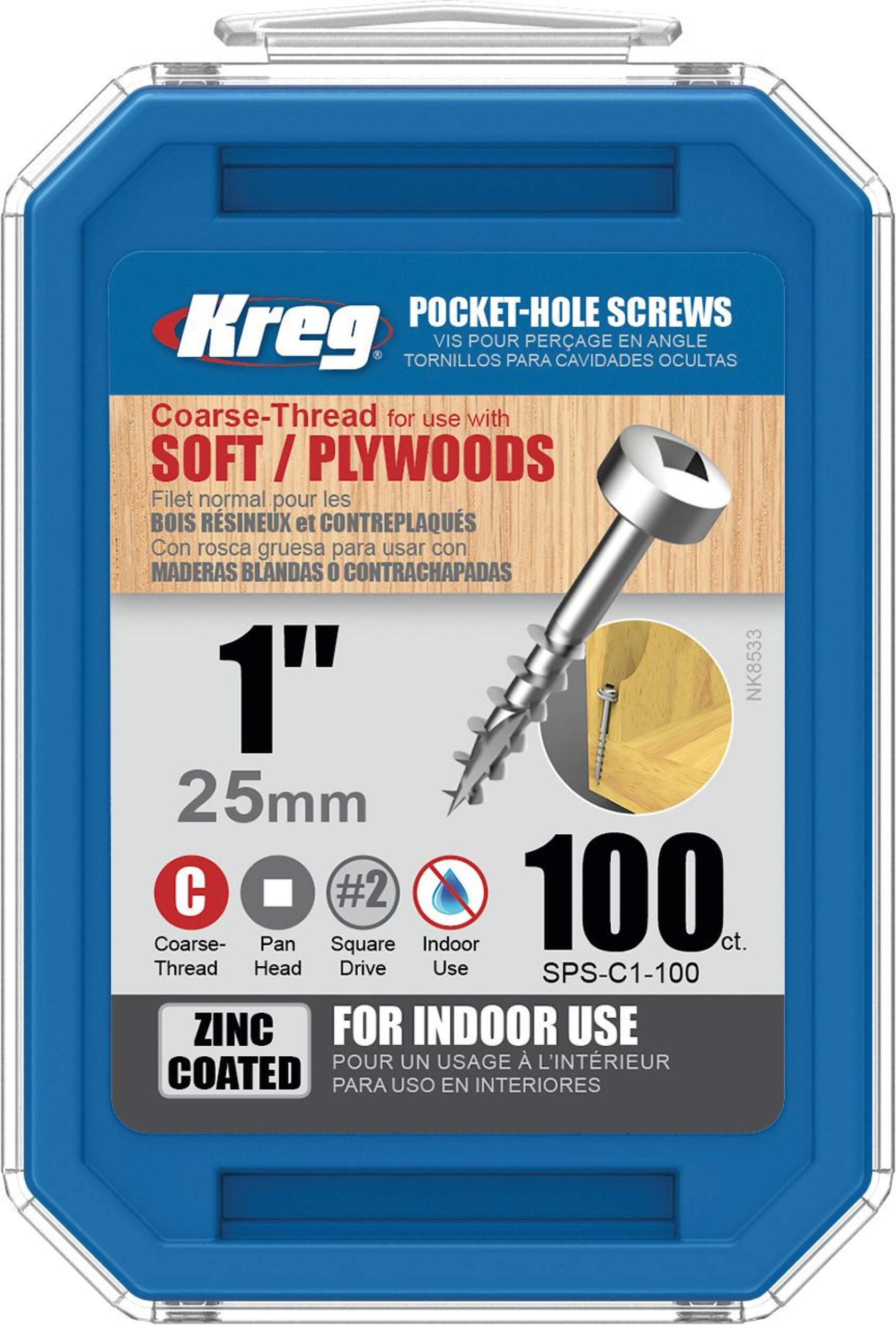 Kreg #7 Square-Drive Coarse Pan-Head Pocket-Hole Screw, 1-in, Zinc Coating, 100-pk Front_Flat