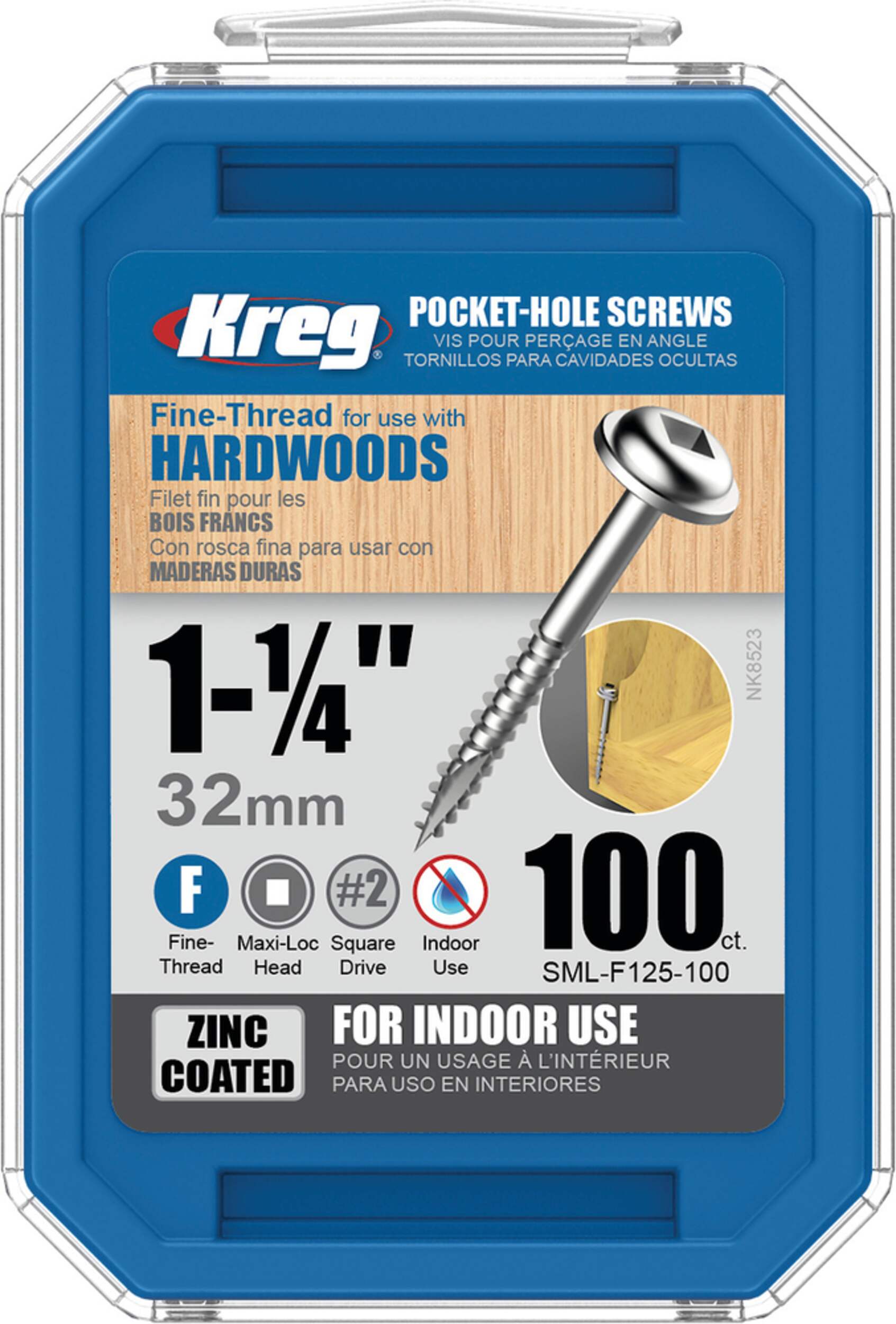 Kreg #7 Square-Drive Fine Pan-Head Pocket-Hole Screw, 1.25-in, Zinc Coating, 100-pk Front_Flat