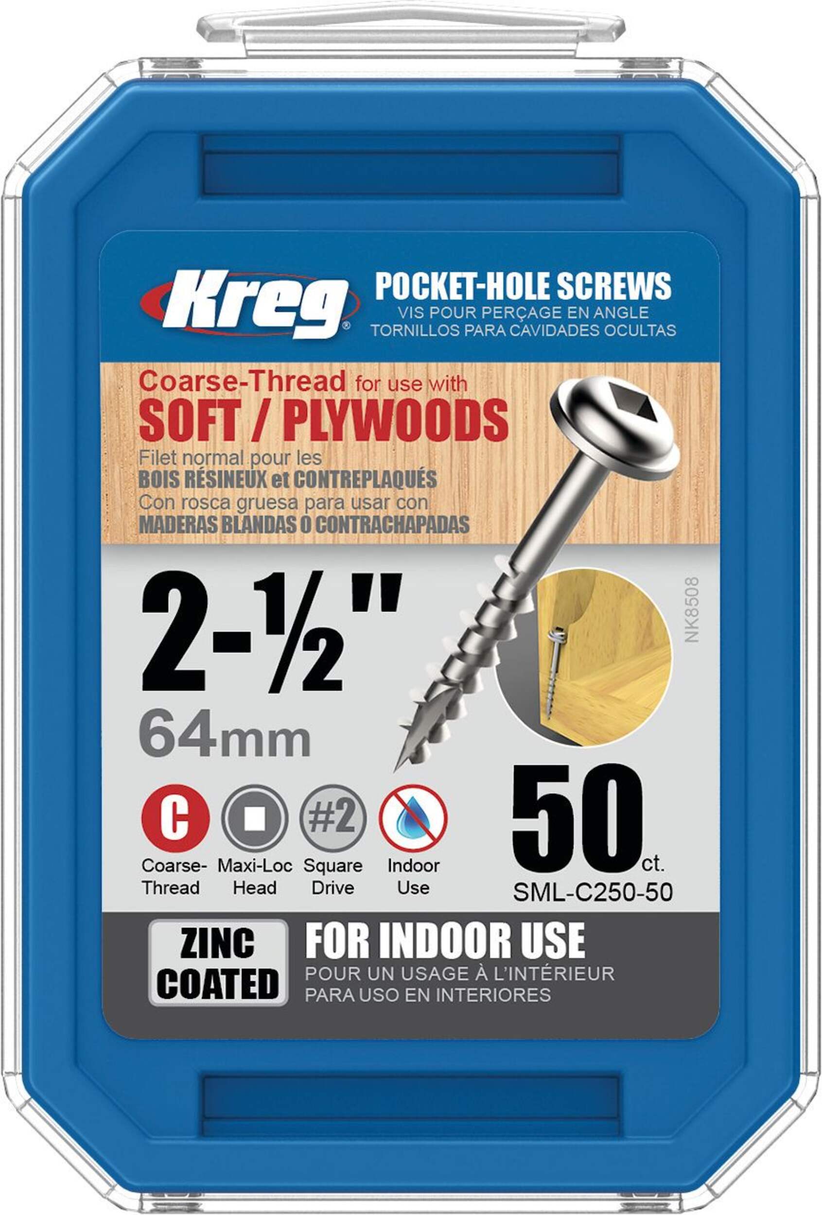 Kreg #8 Square-Drive Coarse Washer Head Pocket-Hole Screw, 2.5-in, Zinc Coating, 50-pk Front_Flat