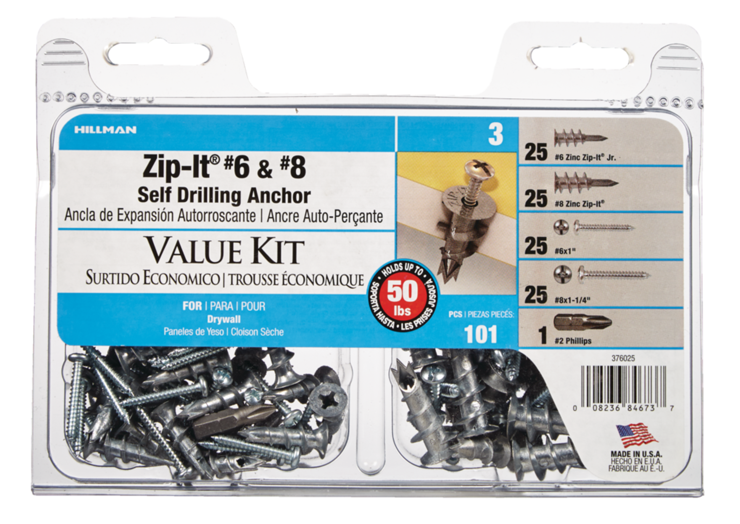 Hillman Zip-It & Zip-It Jr. #6 & #8 WAllboard Anchors Value Pack, Self-Drilling, 101-pk Front_Flat