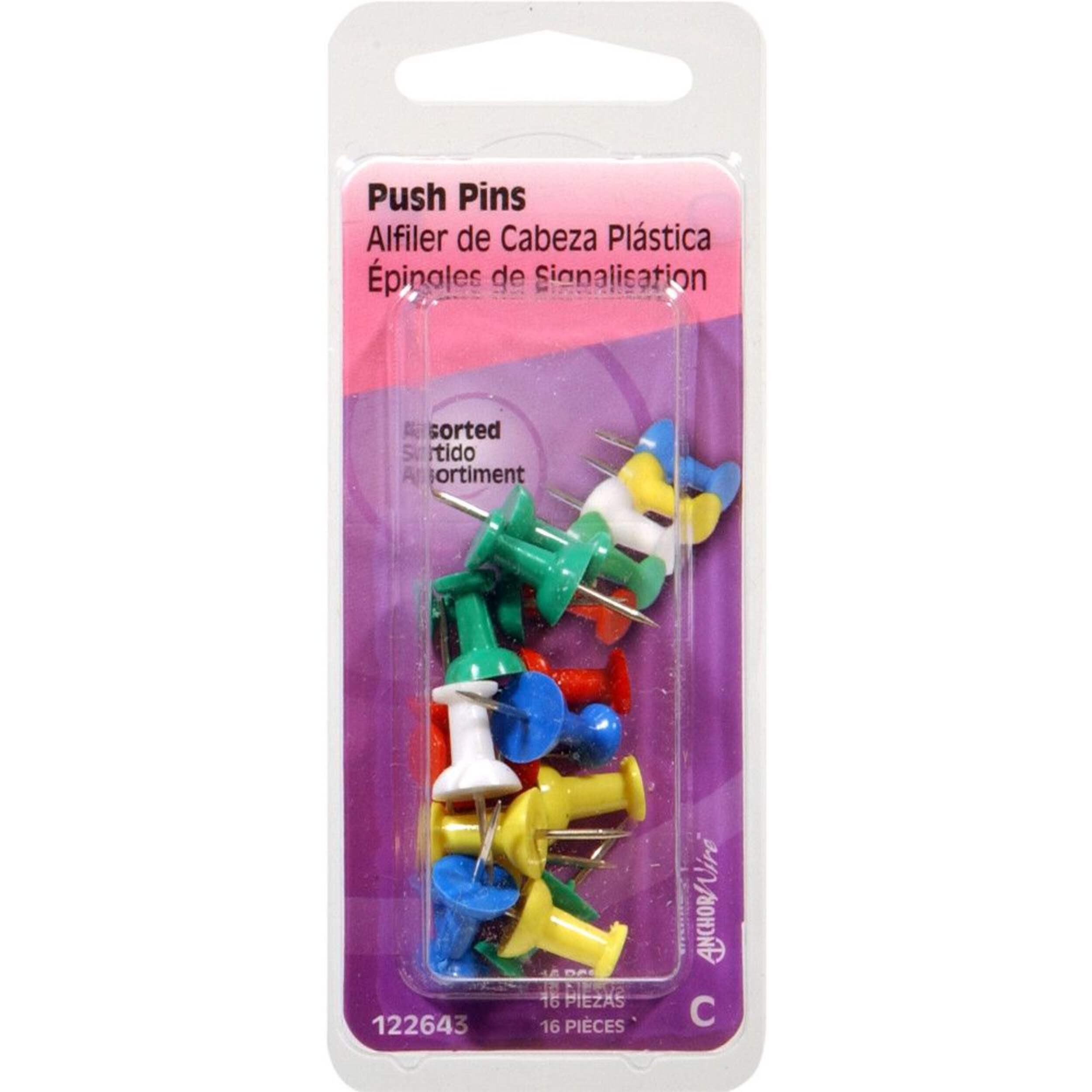 Hillman Push Pins, Plastic Head, 16-pc Front_Flat
