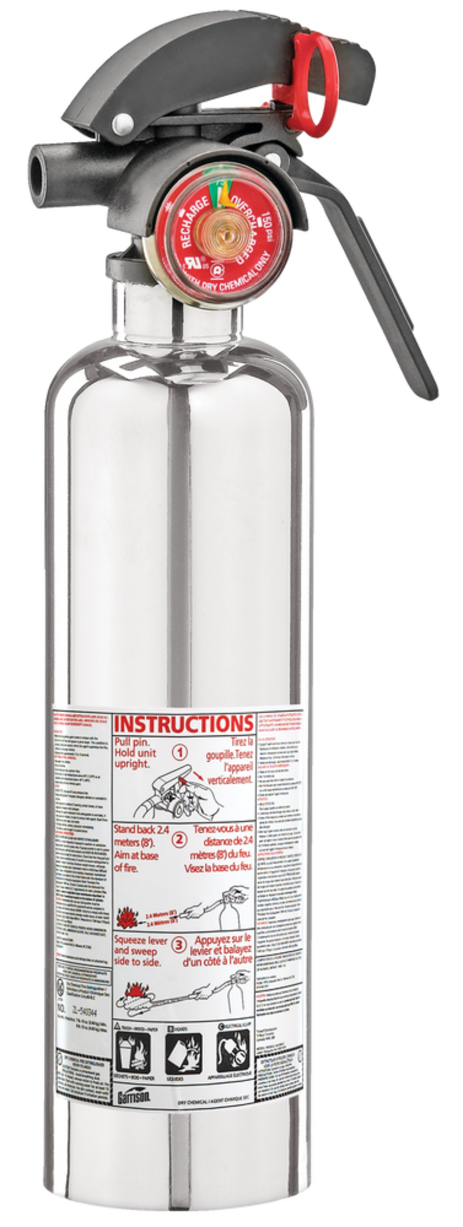 Garrison 2BC Chrome Fire Extinguisher Front_Three_Fourths_Angled_Left
