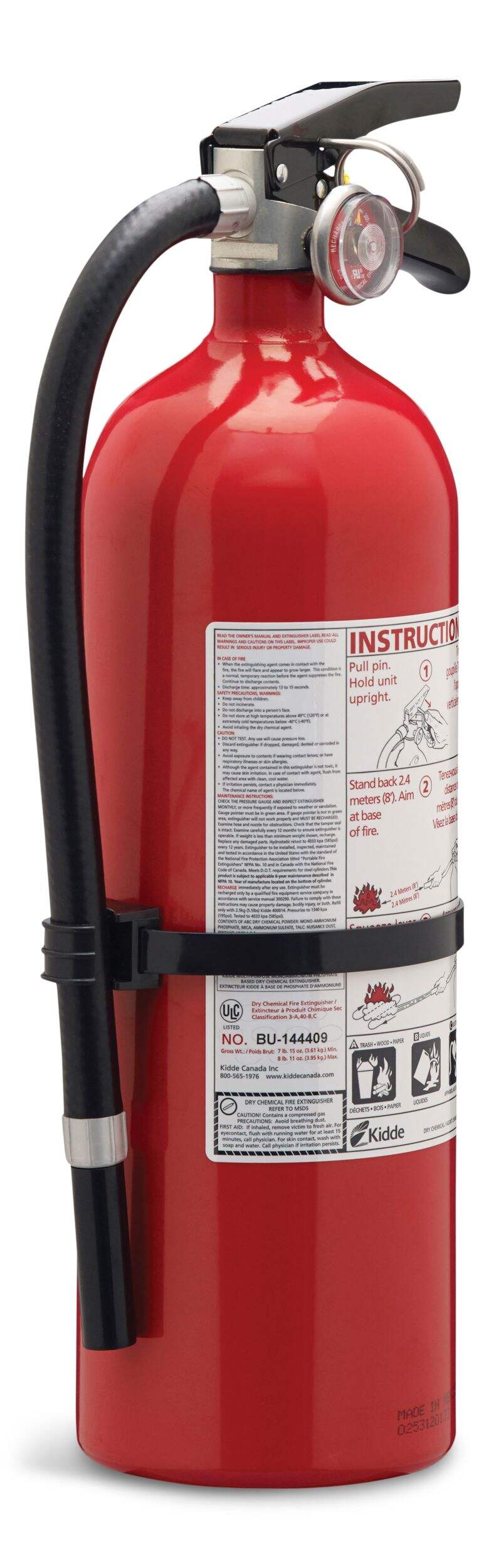 Kidde Pro Series 3A40BC Home/Office Rechargeable Fire Extinguisher With Wall Mounting Brackets, 5.5-lb, Red Front_Angled_Left