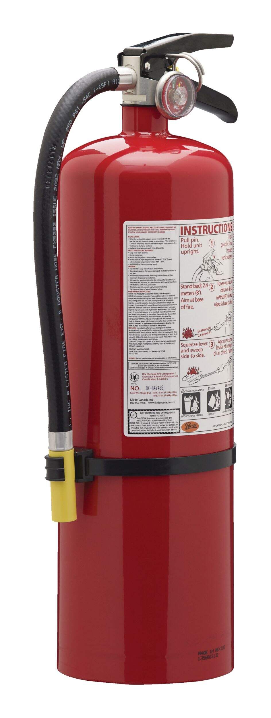 Kidde PRO 4A60BC Consumer Rechargeable Fire Extinguisher with Wall Mounting Brackets, 10-lb, Red Front_Angled_Left