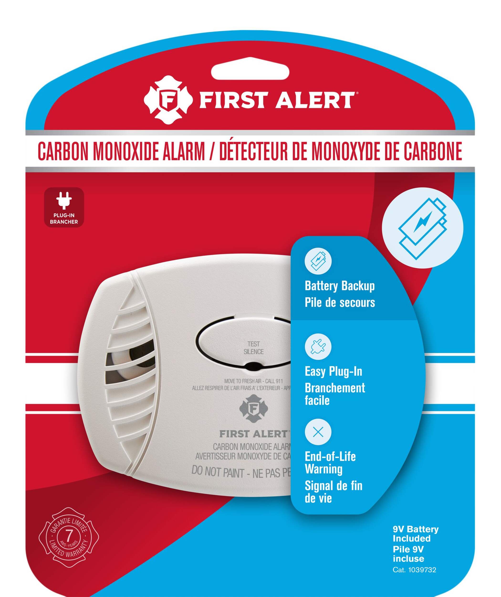 Détecteur de CO à brancherFirst Alert CO605 avec pile de secours de 9 V Front_Flat