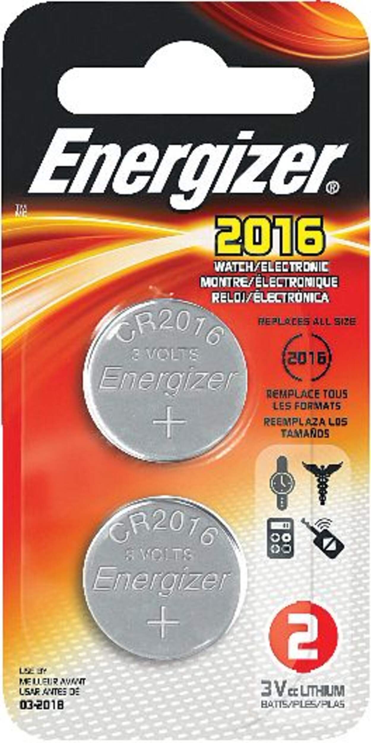 Piles boutons au lithium CR2016 3V/3 volts Energizer pour montres et appareils électroniques, paq. 2 Front_Flat