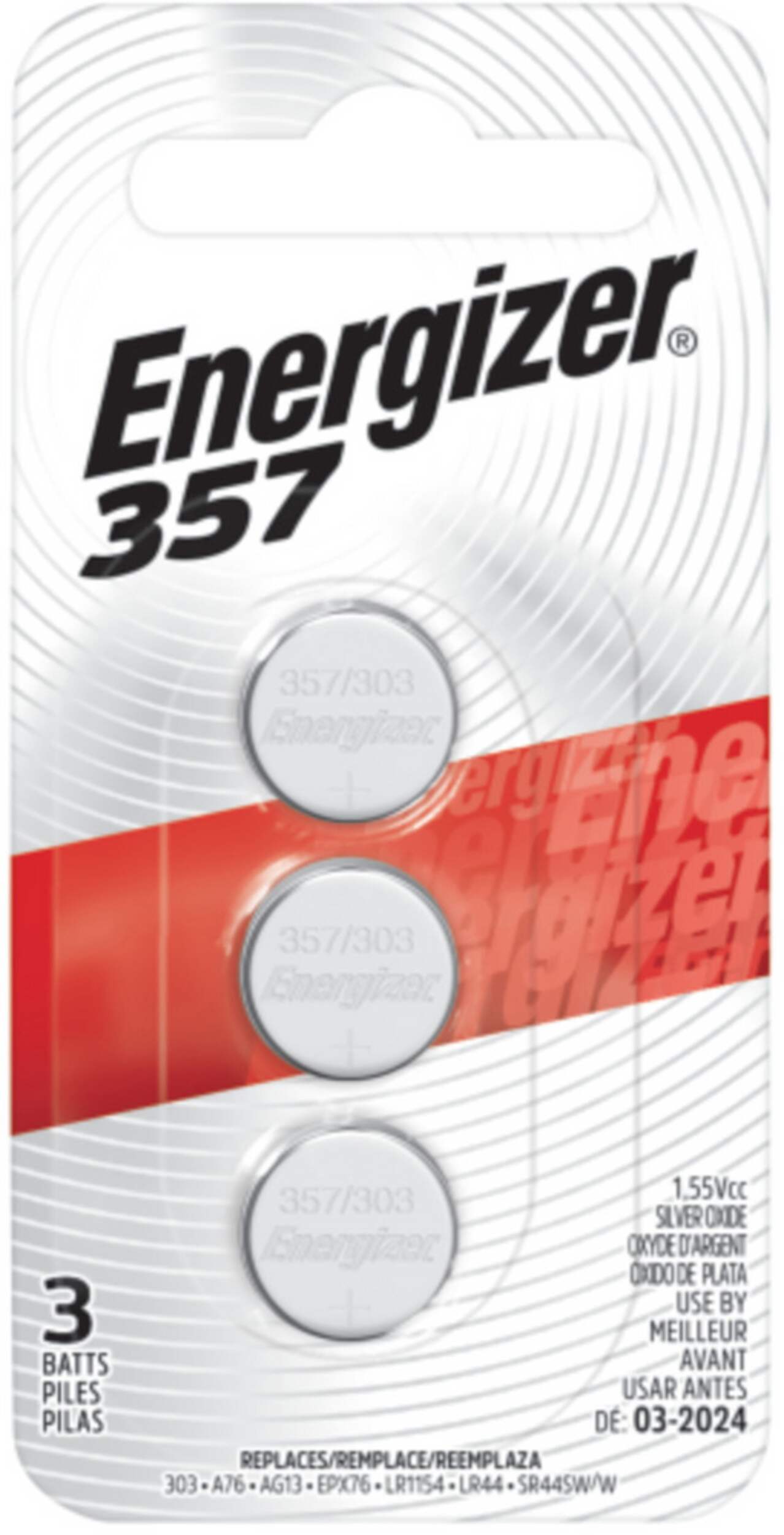 Piles boutons 357 LR44 AG13 303 A76 1,5V/1,5 volt en oxyde d'argent Energizer, paq. 3 Front_Flat