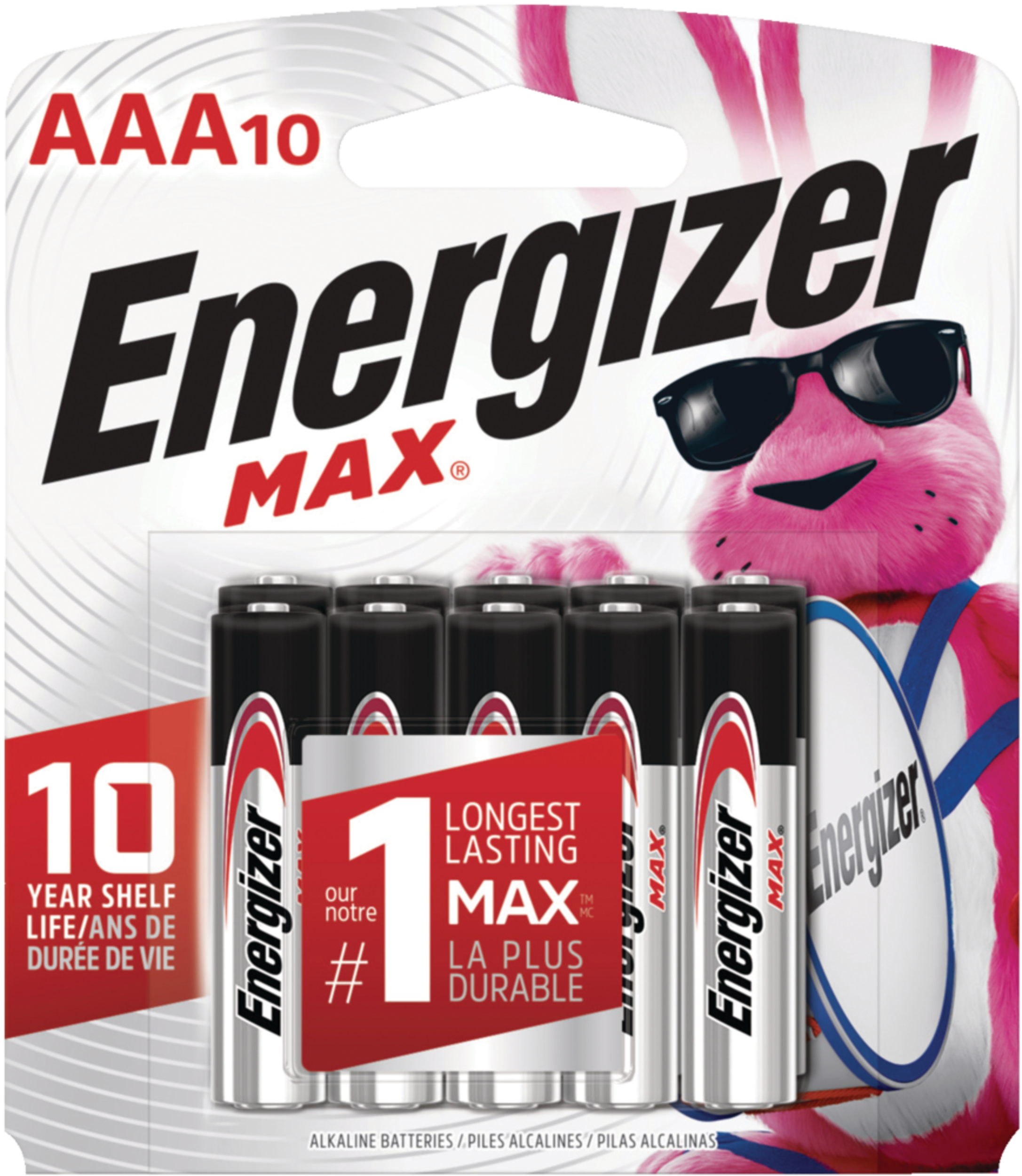 Piles alcalines AAA Energizer Max, longue durée, tout usage, paq. 10 Front_Flat