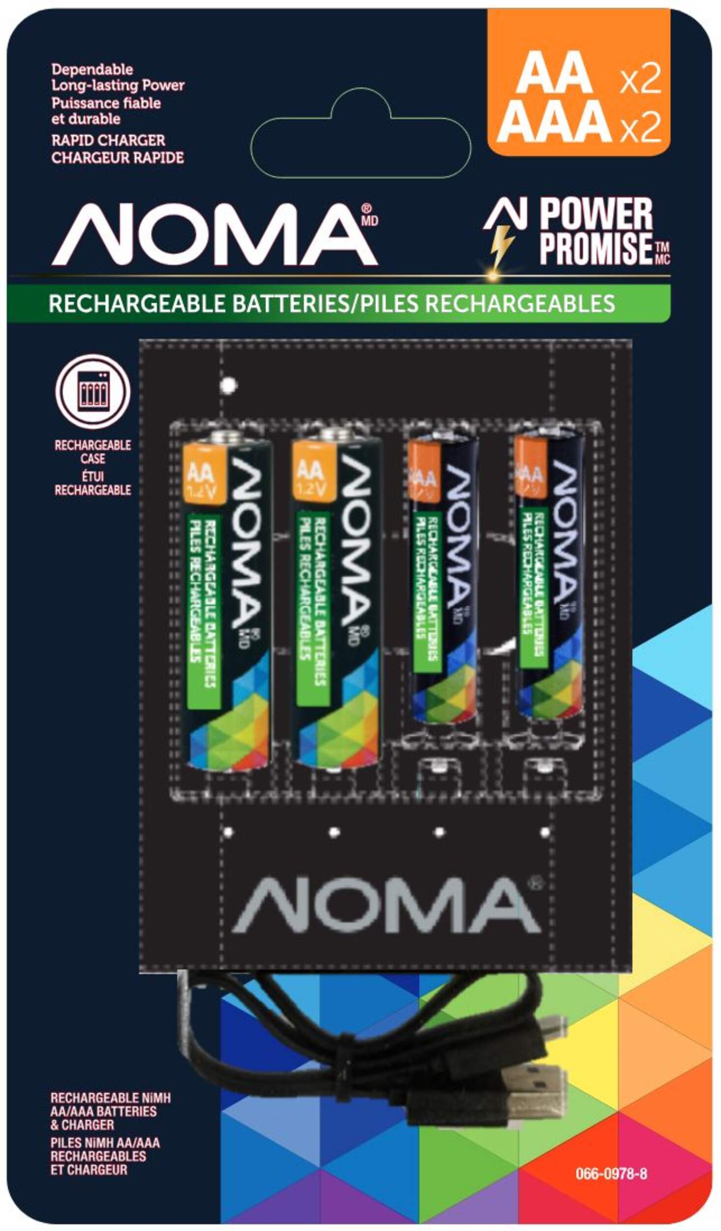 Noma AA+AAA Ni-MH Rechargeable Batteries and Charger, 2-pk Front_Flat