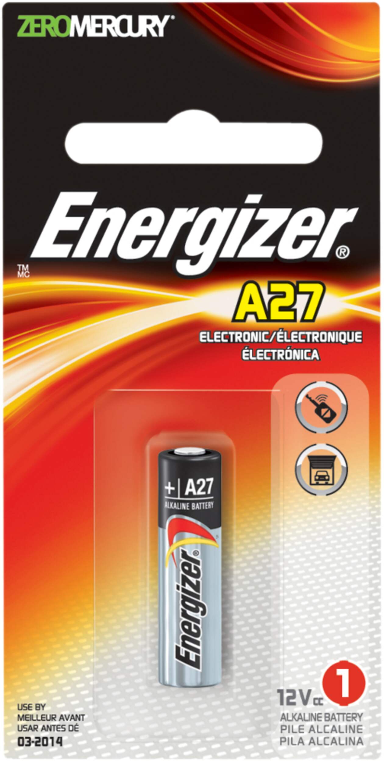 Energizer 1-pk A27 12V / 12 Volt Alkaline Battery for Garage Door Openers Front_Flat