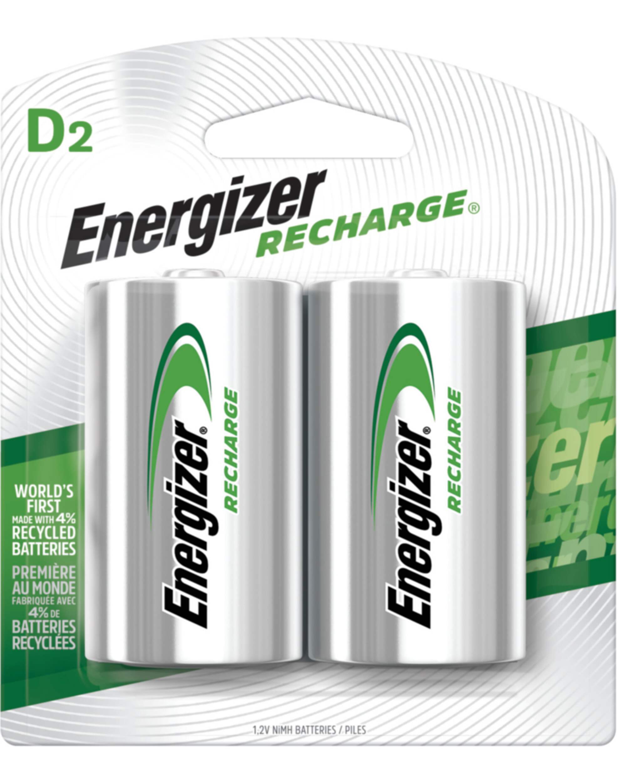 Energizer NH50BP-2 2-pk D NiMH Rechargeable Batteries, Pre-Charged, Long Lasting Front_Flat