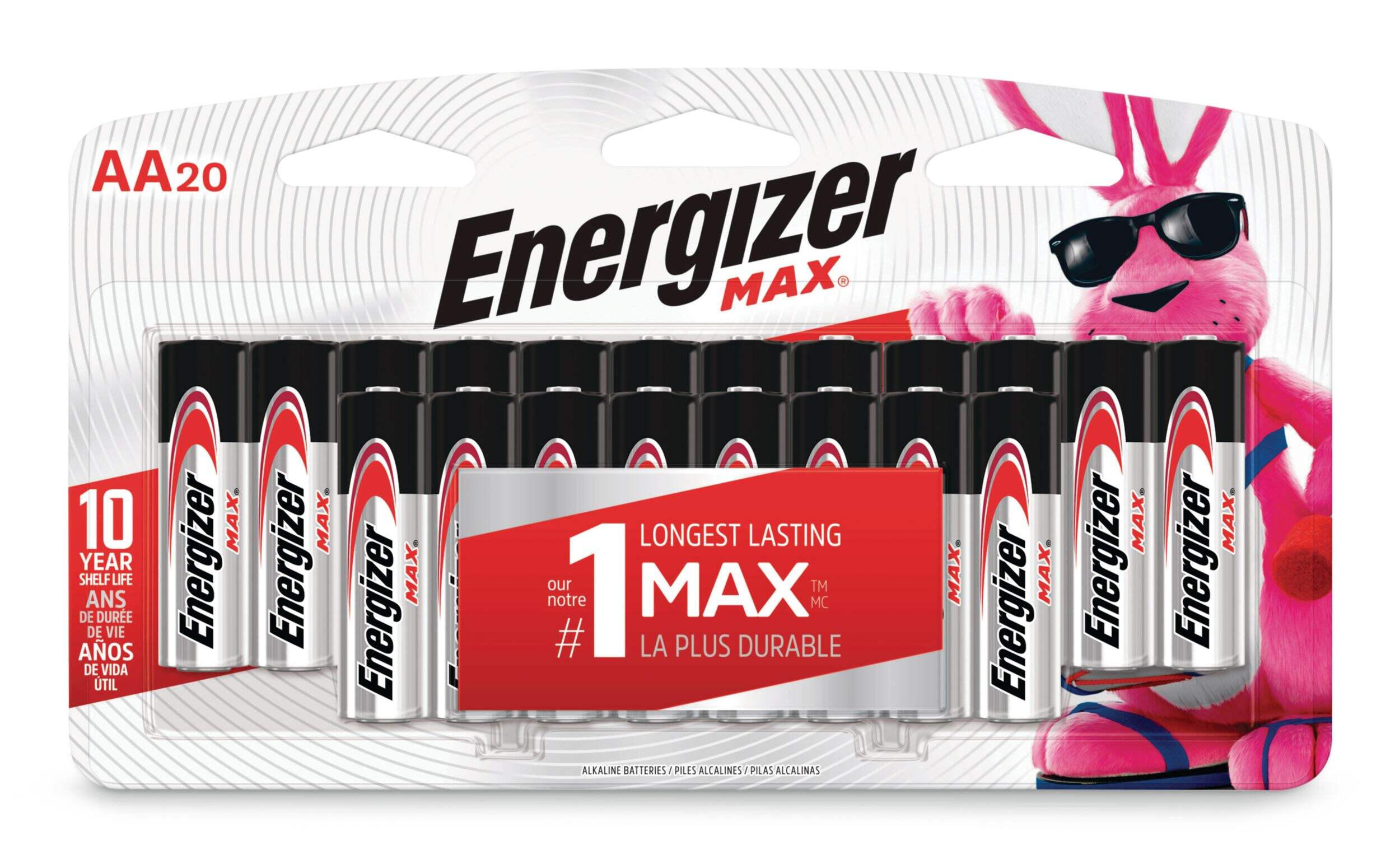 Piles alcalines AA Energizer Max, longue durée, tout usage, paq. 20 Front_Flat