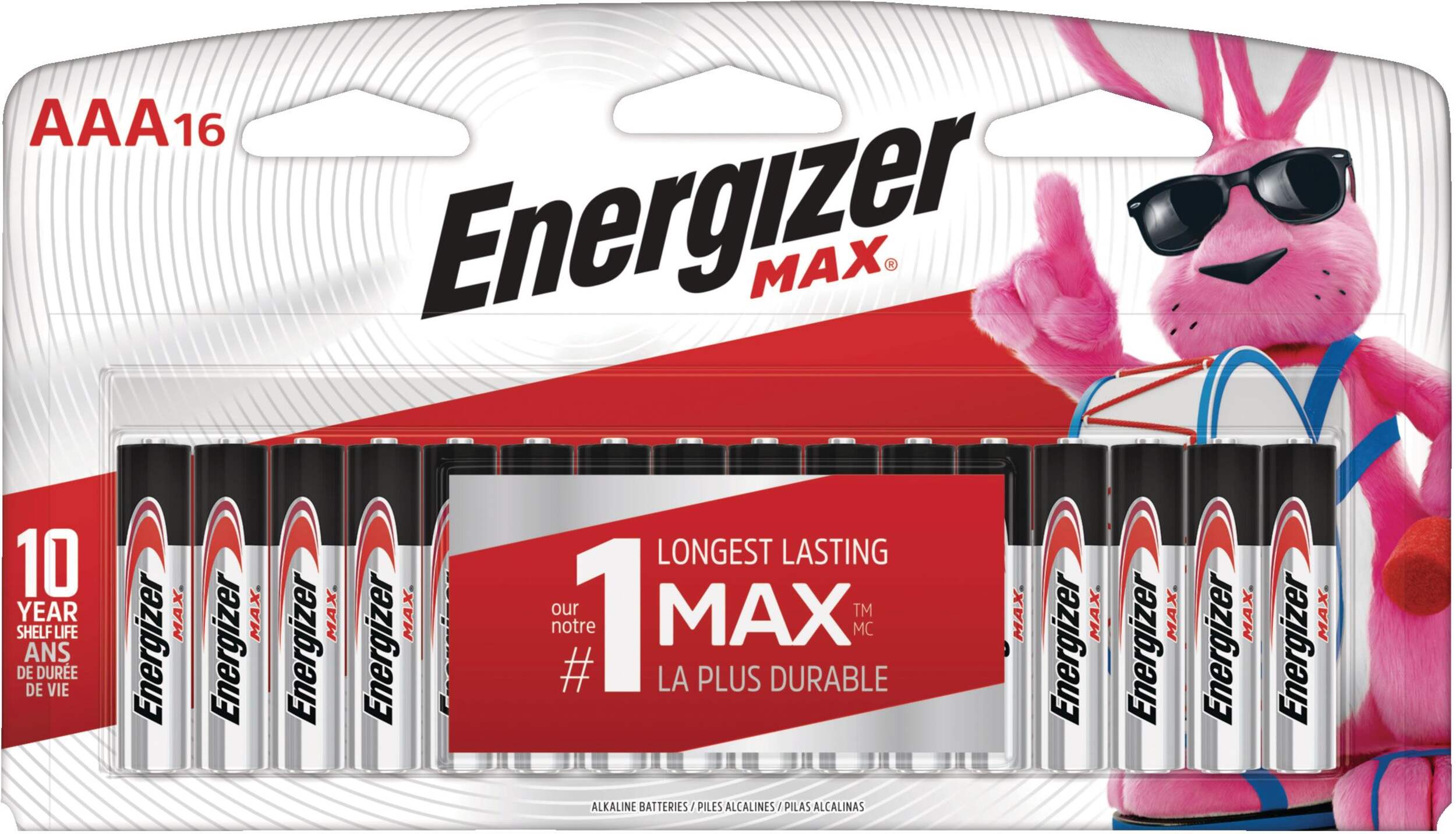 Piles alcalines AAA Energizer Max, longue durée, tout usage, paq. 16 Front_Flat