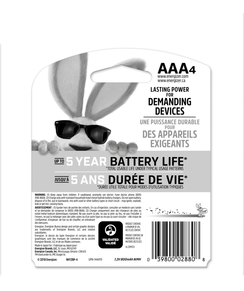 Energizer NH12BP4 4pk AAA 800mAh NiMH Rechargeable Batteries, Pre
