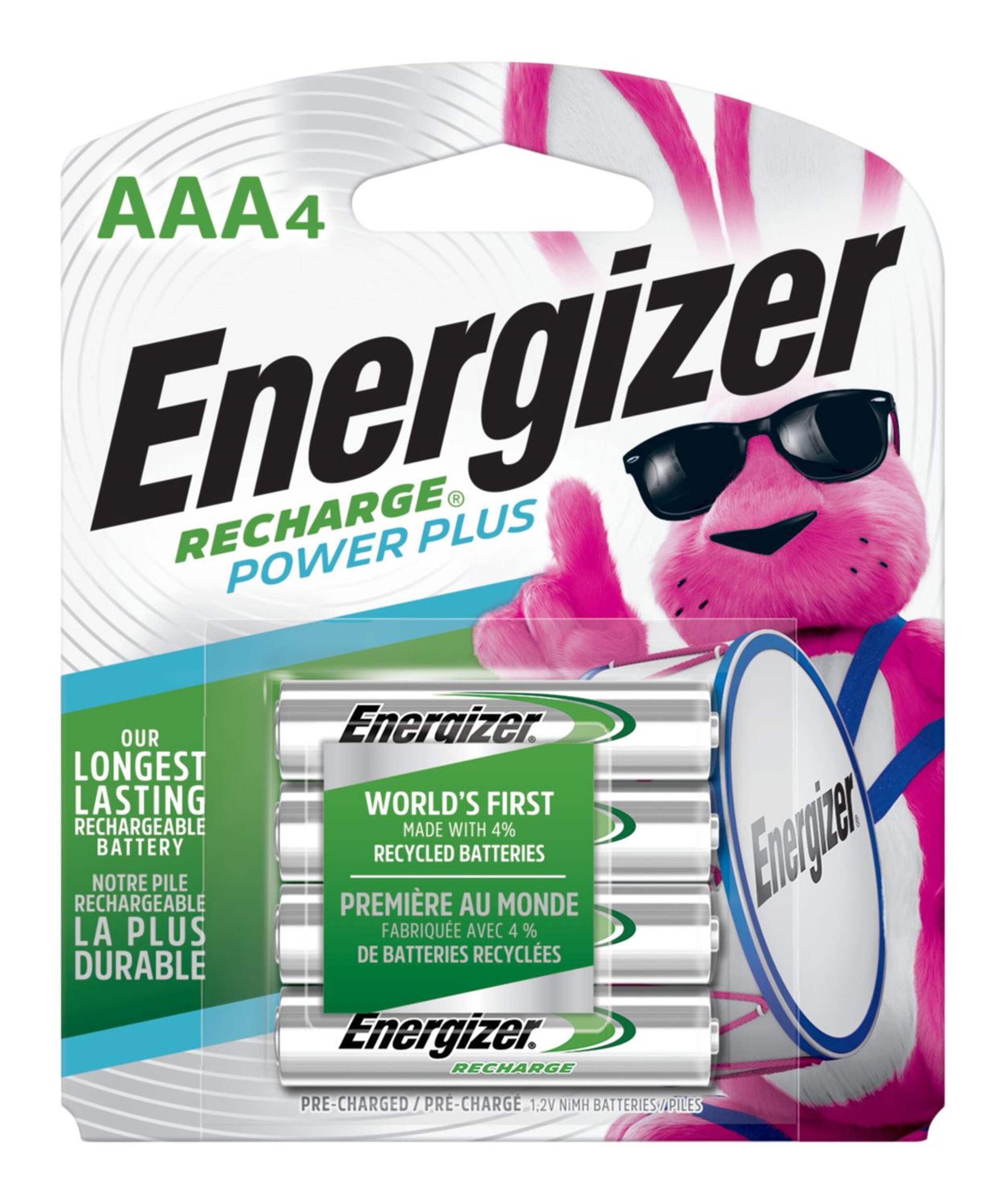 Energizer NH12BP-4 AAA 800mAh NiMH Rechargeable Batteries, Pre-Charged, All Purpose, 4-pk Front_Flat