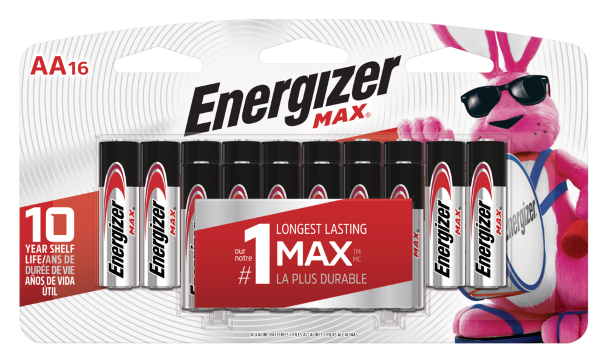 Piles alcalines AA Energizer Max, longue durée, tout usage, paq. 16 Front_Flat