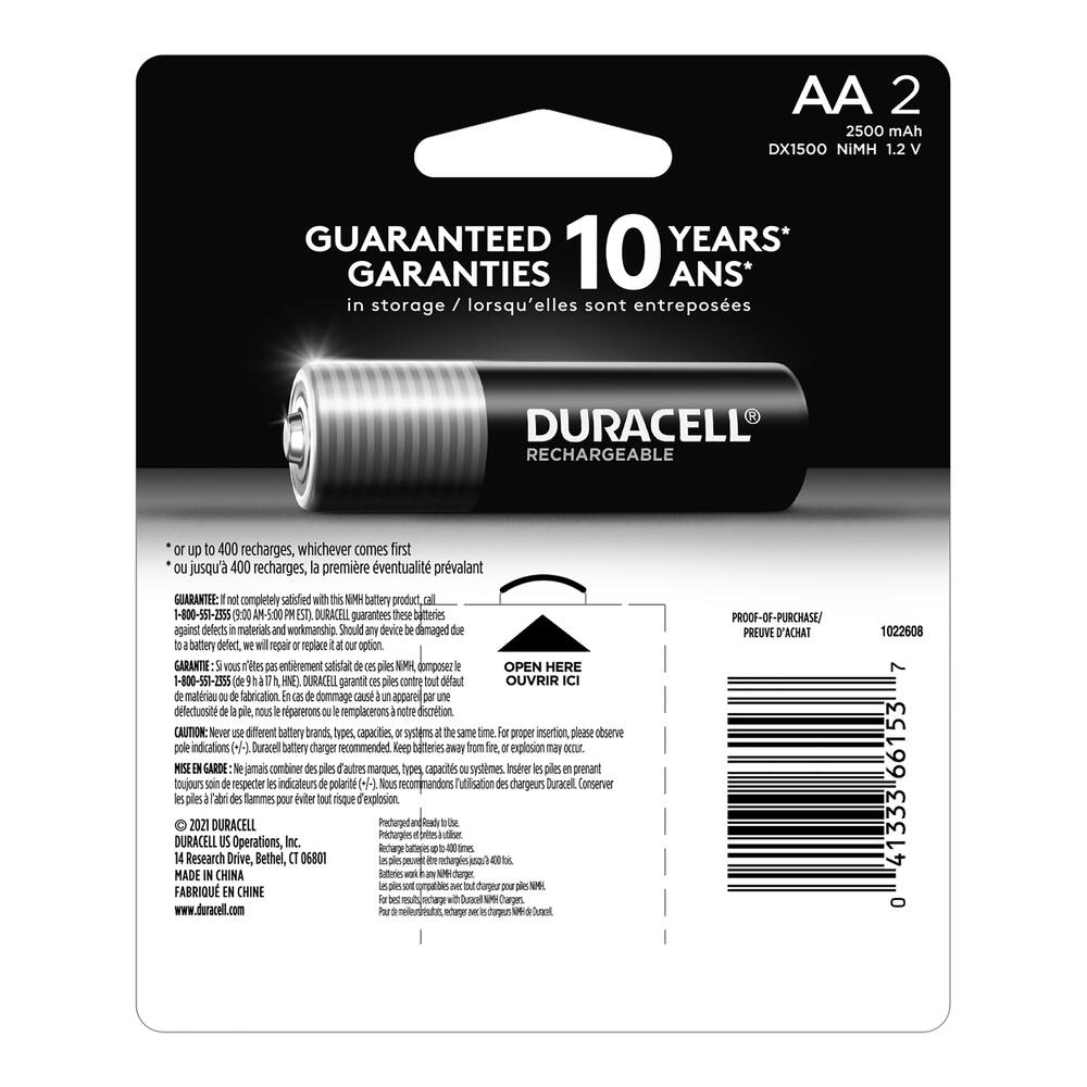 Duracell Pre-Charged 2-pk AA Rechargeable Batteries, Long Lasting, All ...