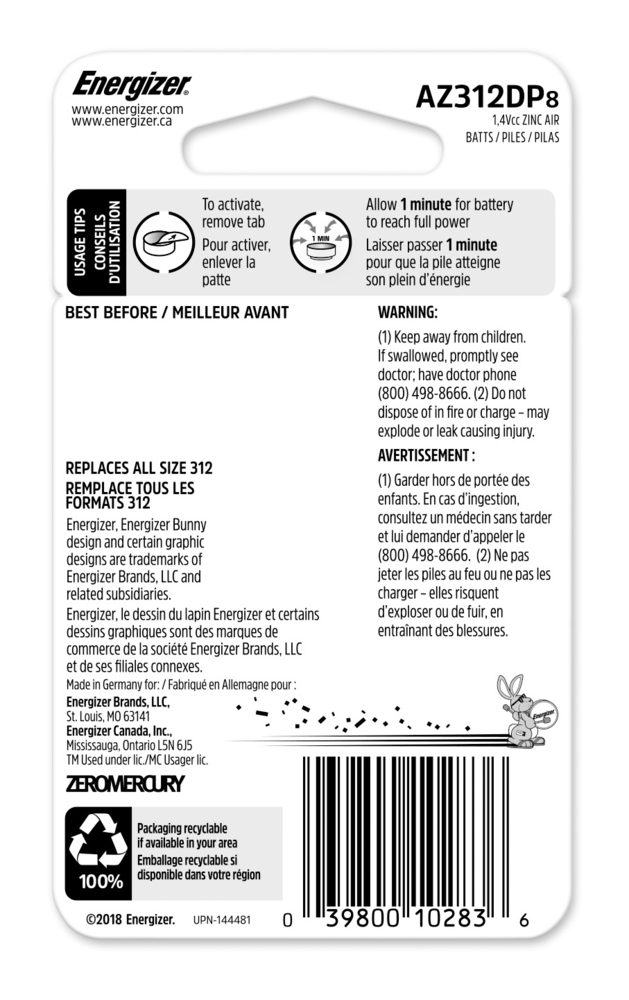 Energizer 8pk Size 312 1.4V / 1.4 Volt Zinc Hearing Aid Batteries, EZ