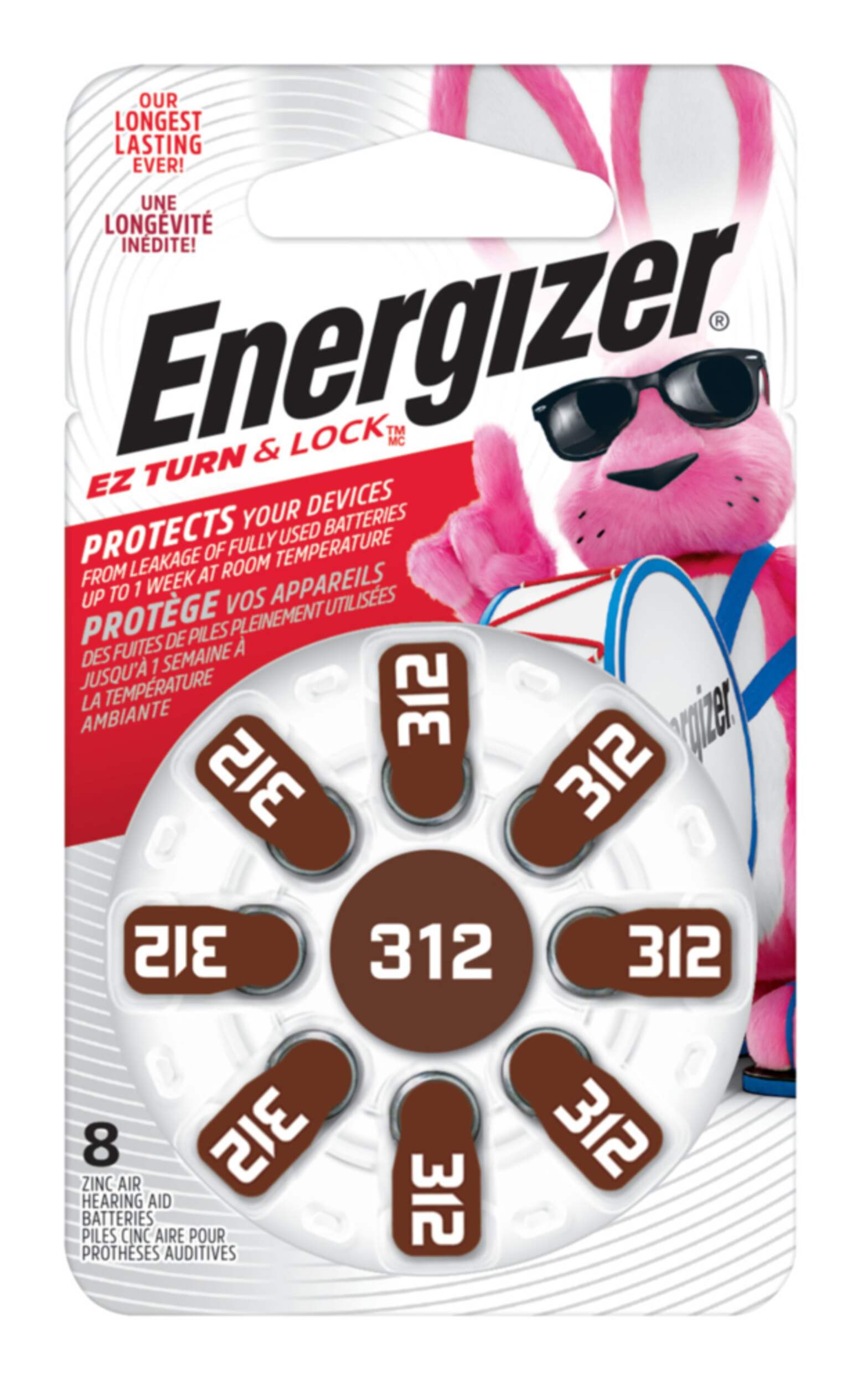 Energizer 8-pk 1.4V / 1.4 Volt Zinc Hearing Aid Batteries 312, EZ Turn Lock, Long Lasting Front_Flat