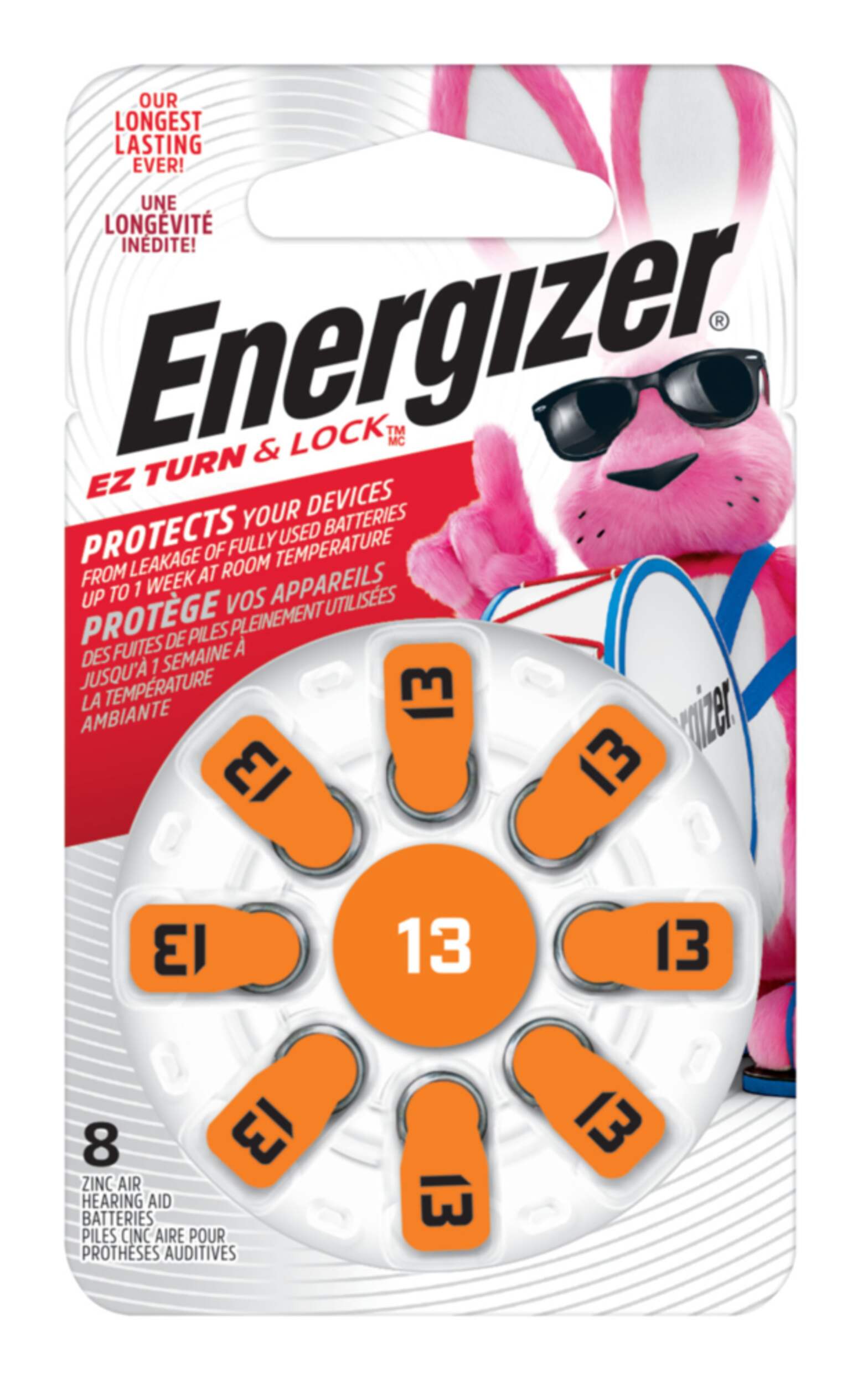 Energizer 8-pk Size AZ13 1.4V / 1.4 Volt Zinc Hearing Aid Batteries, EZ Turn Lock Front_Flat