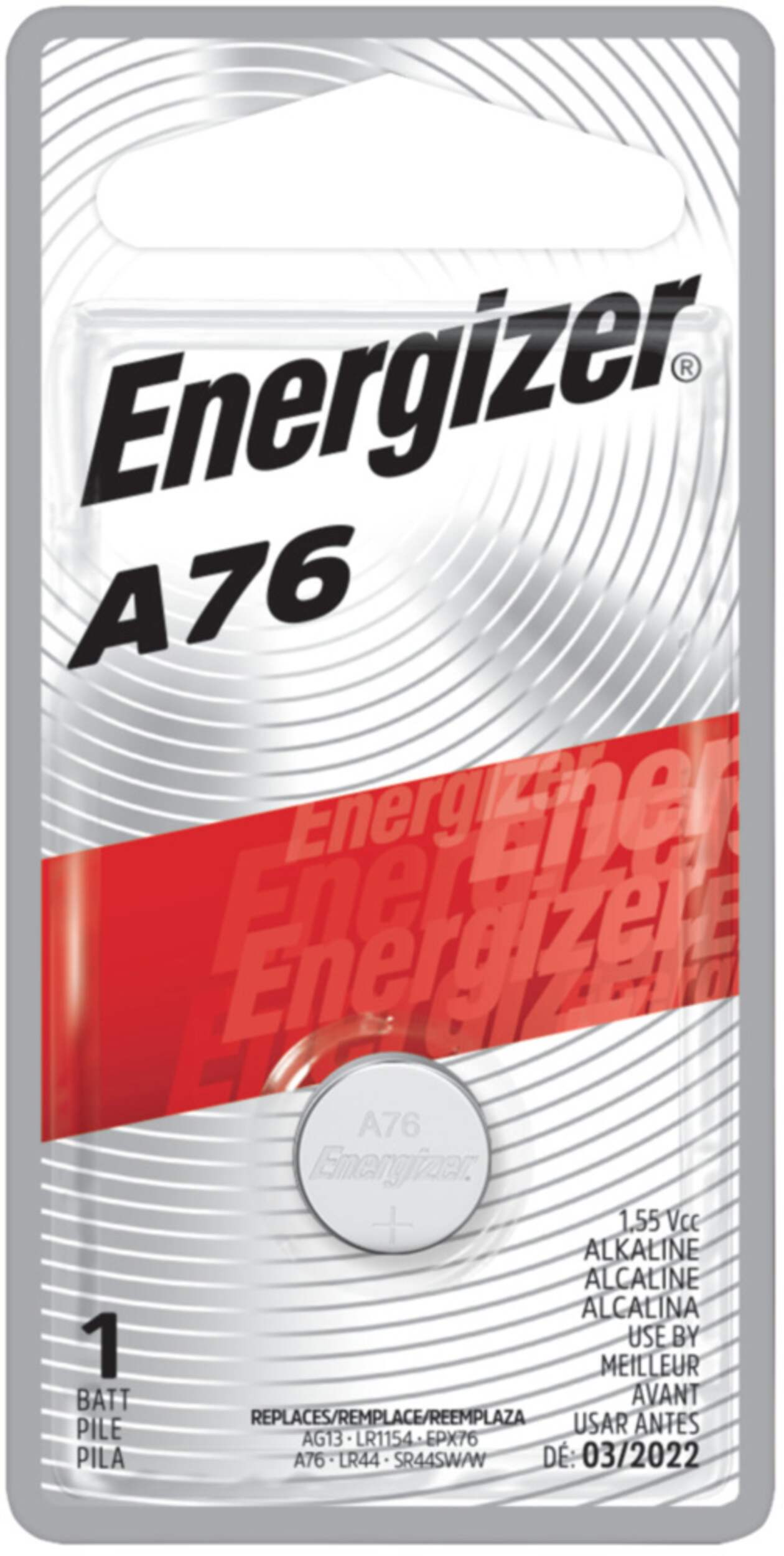 Pile alcaline miniature A76 LR44 1.5V/1,5 volt Energizer, longue durée, paq. 1 Front_Flat