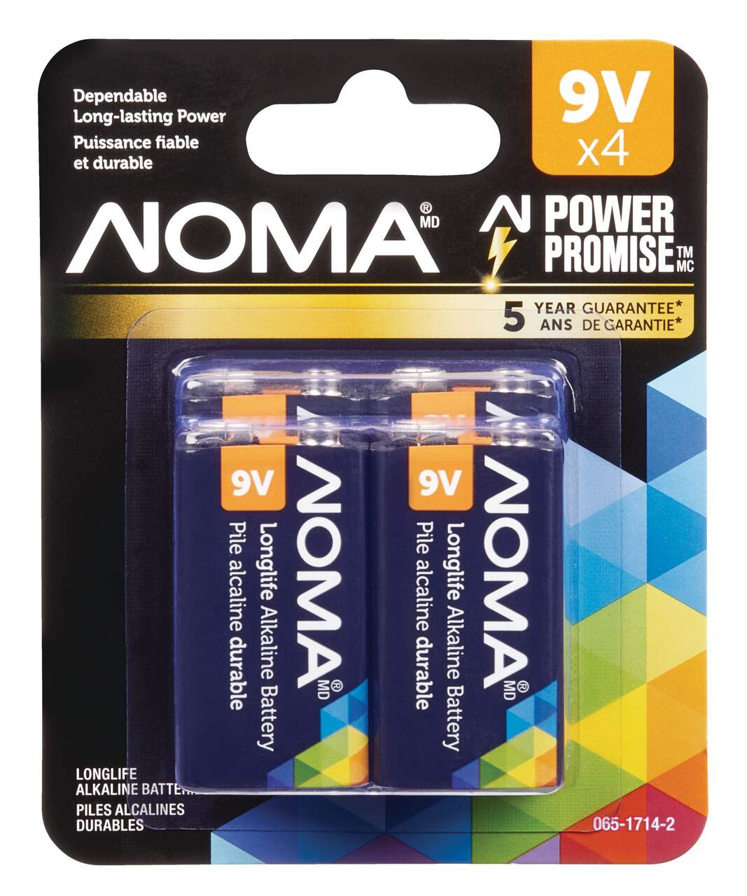Piles alcalines 9V/9 volts NOMA, longue durée, tout usage, paq. 4