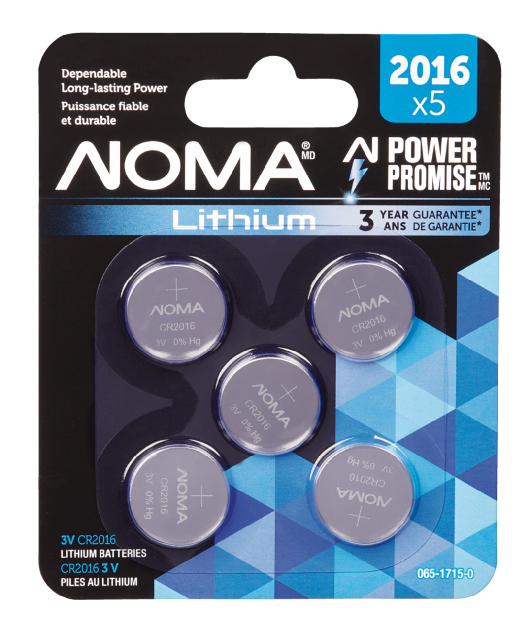NOMA 5-pk CR2016 3V / 3 Volt Lithium Coin Cell Batteries, Long