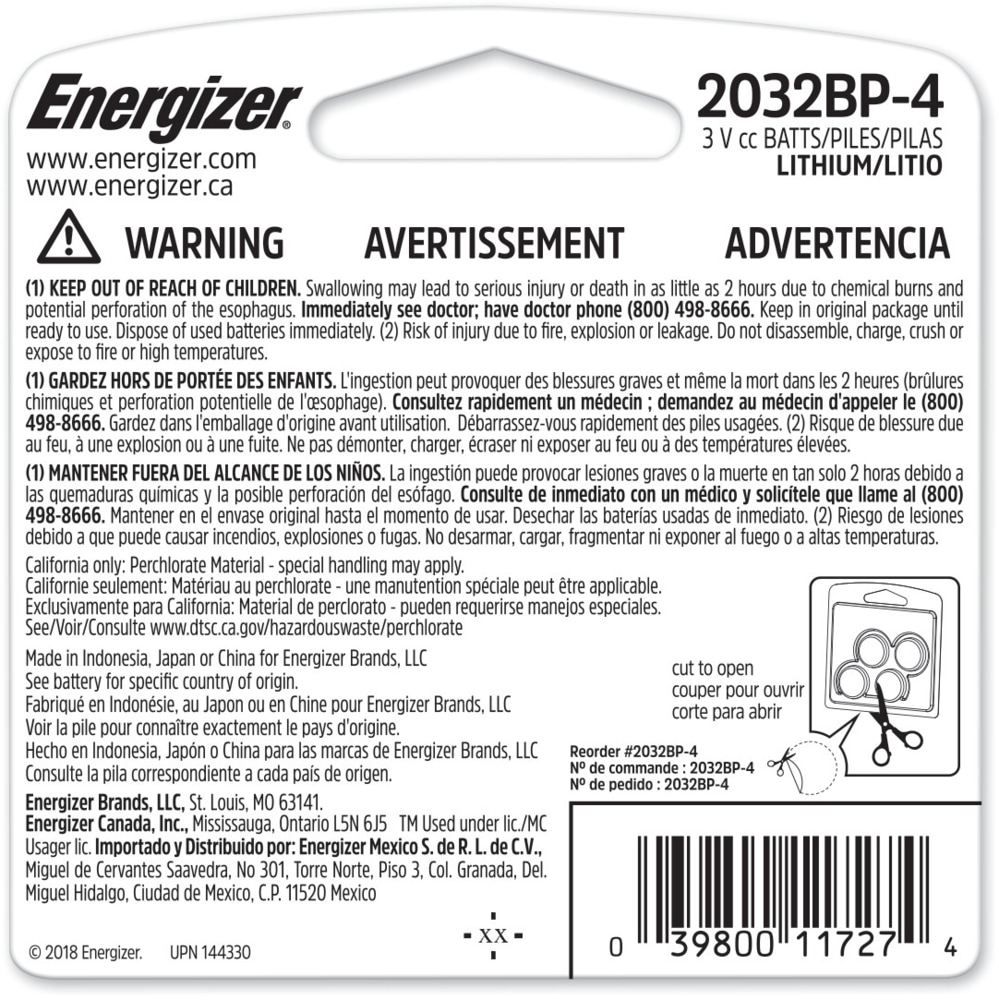 Energizer 4pk CR2032 3V / 3 Volt Lithium Coin Cell Batteries, Long