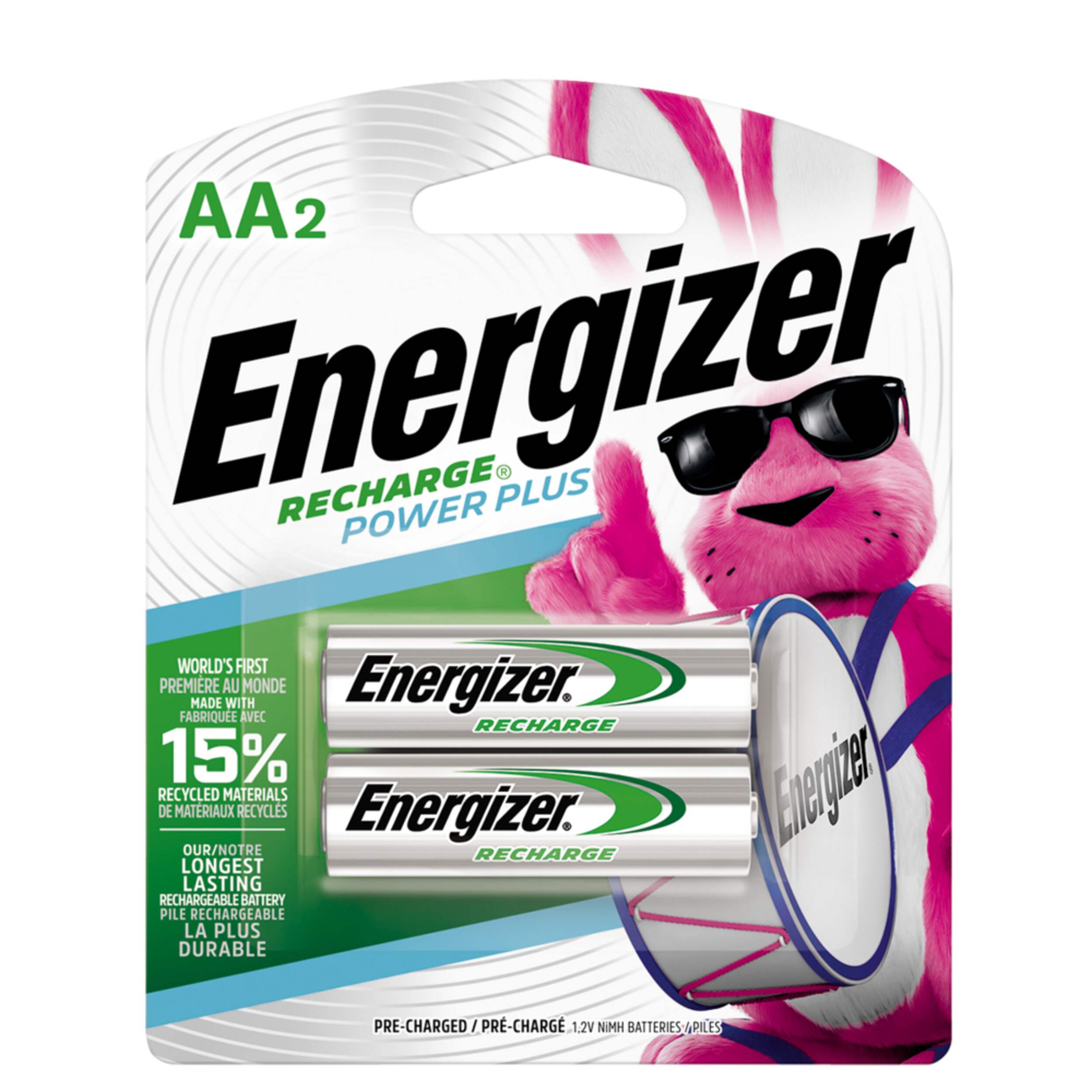 Energizer NH15BP-2 2-pk AA 2300 mAh NiMH Rechargeable Batteries, Pre-Charged, All Purpose Front_Flat