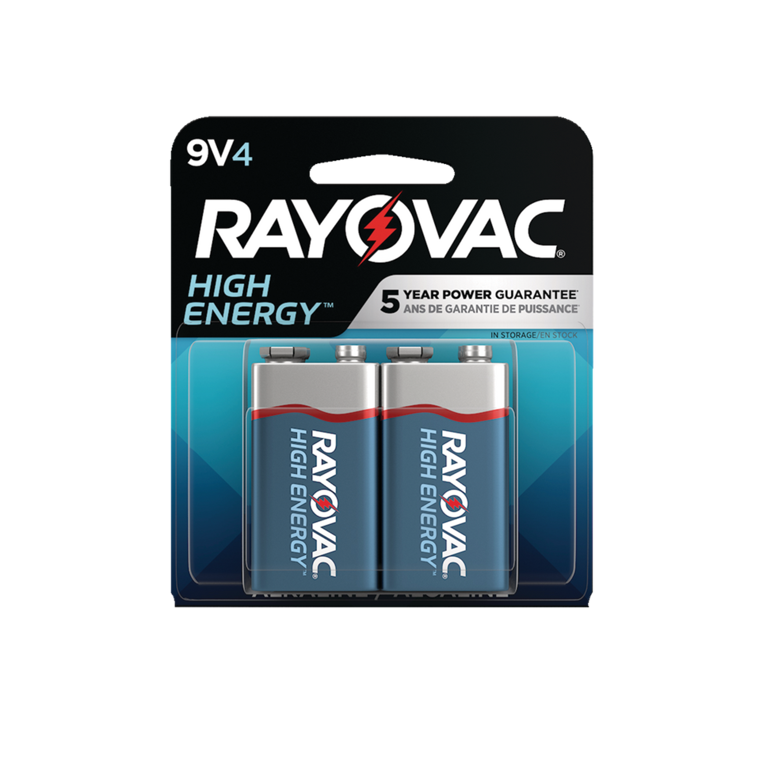 Piles alcalines 9V/9 volts Rayovac HIGH ENERGY, longue durée, tout usage, paq. 4 Front_Flat