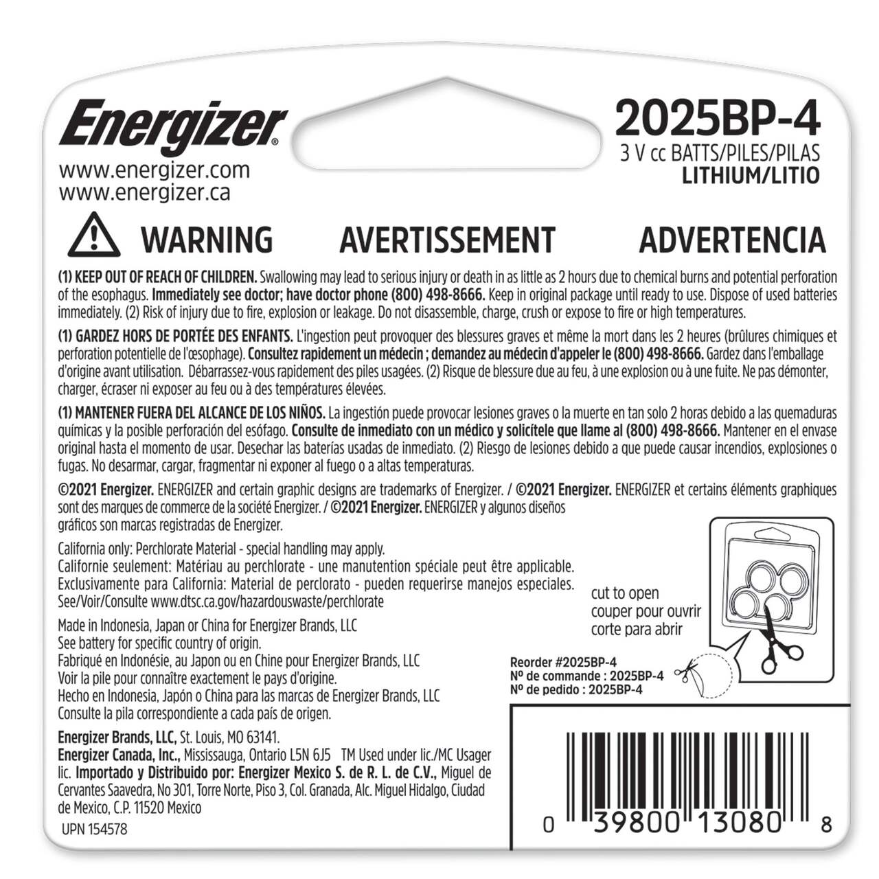 Piles boutons au lithium CR2025 3V/3 volts Energizer, longue durée, paq. 2