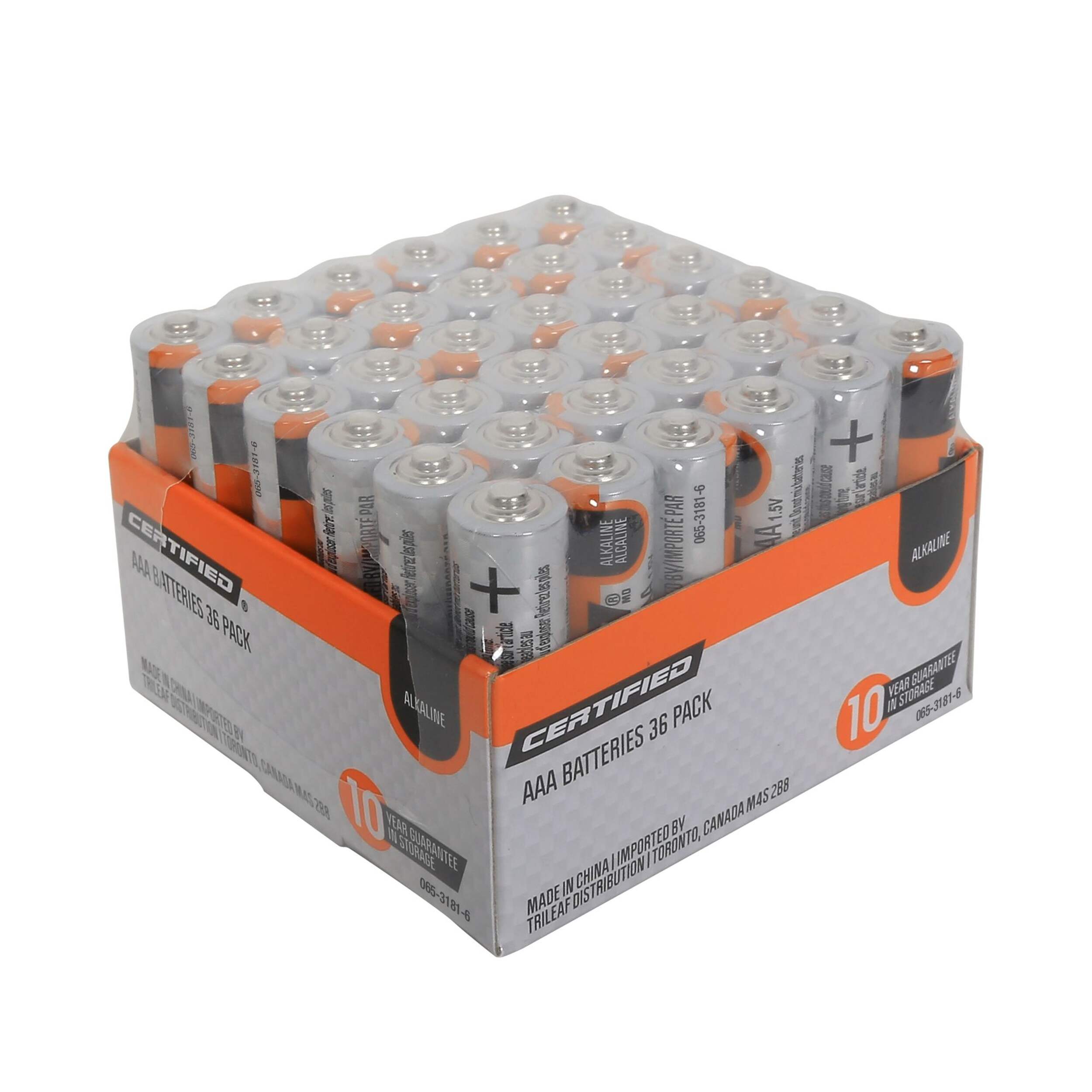 Certified AAA Alkaline Battery Set, All Purpose, Long Shelf Life, 36-pk Front_Three_Fourths_Angled_Right